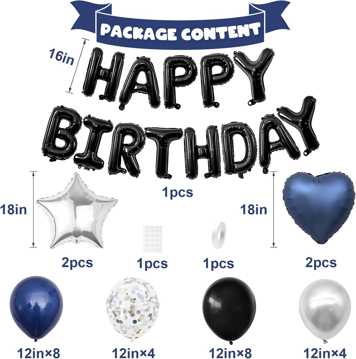 Thumbnail 1 de Navy Blue & Black “Happy Birthday” Balloon Decoration Set with Silver Confetti Balloons