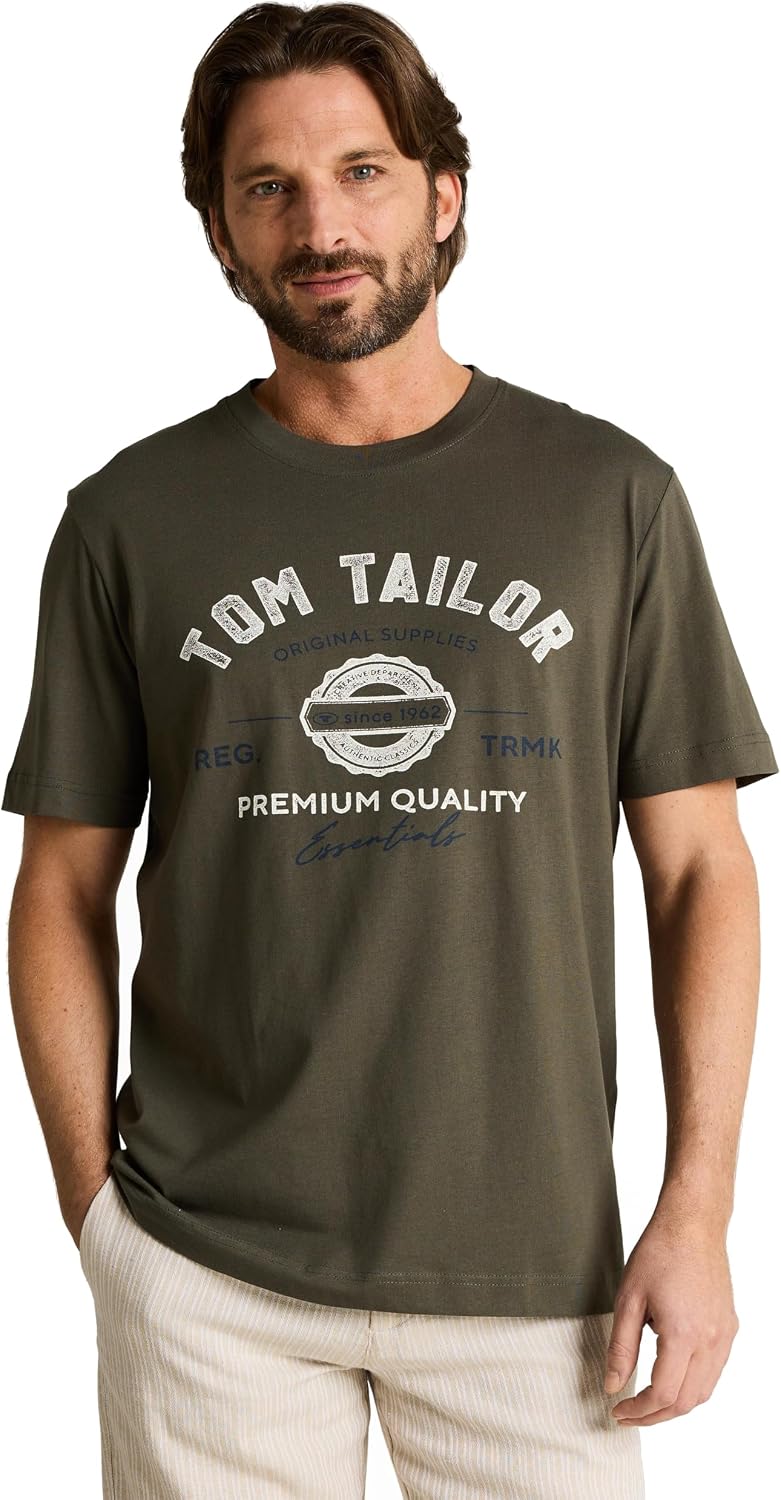 Detalle de Tom Tailor Herren T-Shirt aus Baumwolle mit Logo-Print – Kurzarm, Passform und Tragekomfort