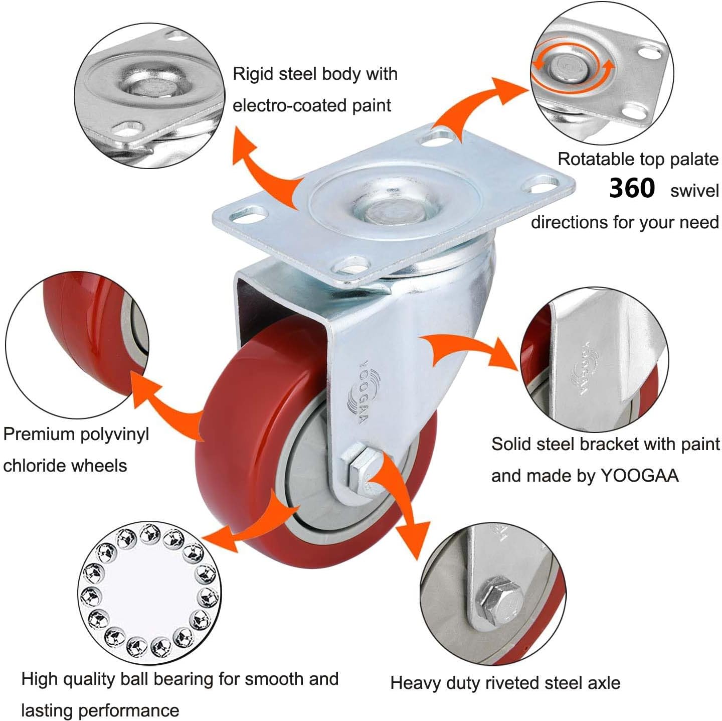 Thumbnail 1 de 75 mm Heavy Duty Casters: Set of 4, 450 kg Capacity, 360° Swivel Bearings (Without Brakes)