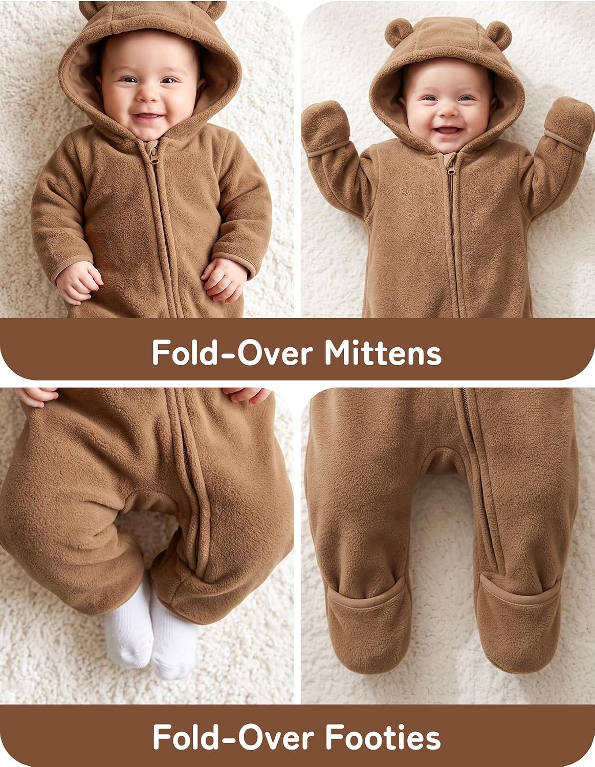 Detalle de Babymine Newborn Bear Snowsuit, Winter Fleece with Hood, Mittens and Footies