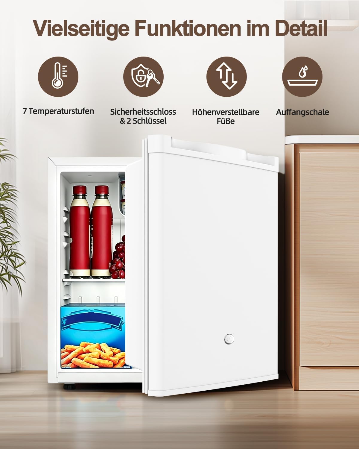 Detalle de WELLENT 46L Mini Kühlschrank – kompakt, leise und flexibel mit wechselbarem Türanschlag