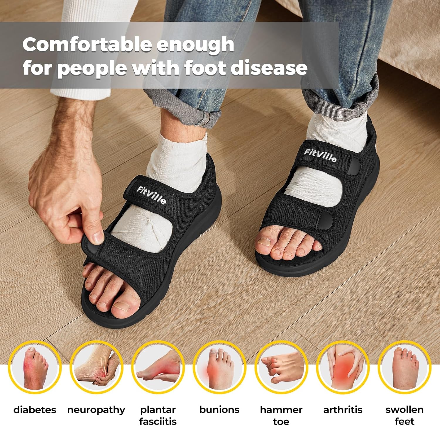 Thumbnail 2 de FitVille Weit Offene Diabetiker Sandalen Herren – Orthopädische Sandalen mit Klettverschluss