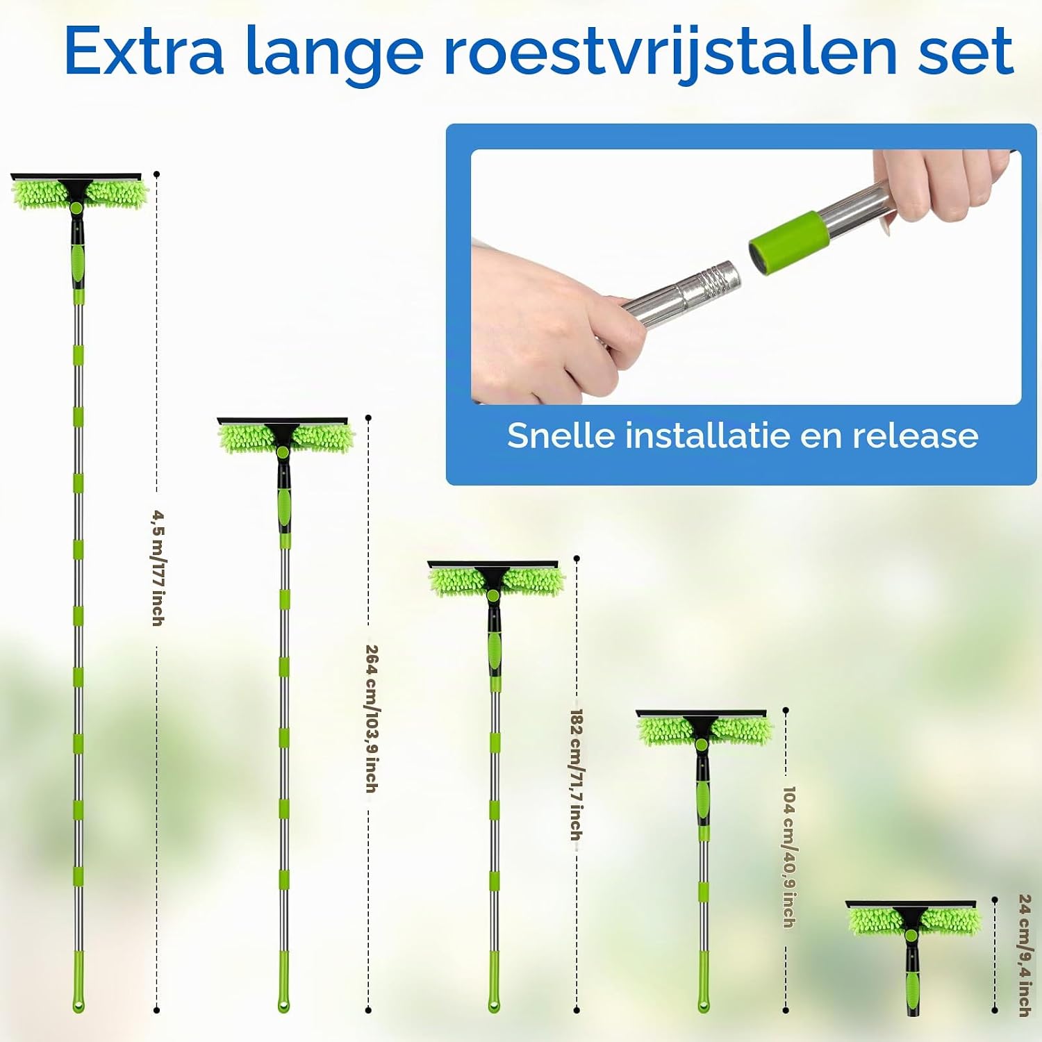 Detalle de lameico 1 telescopische raamwisser, 4,5 m, 2-in-1, groen