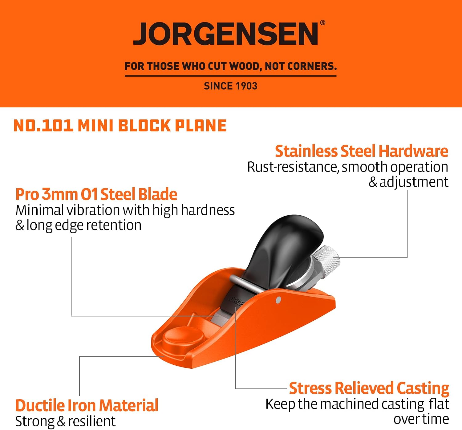 Detalle de JORGENSEN 70700 ミニブロックプレーン ダクタイル鋳鉄製・切削深さ調整式 3-1/2インチ