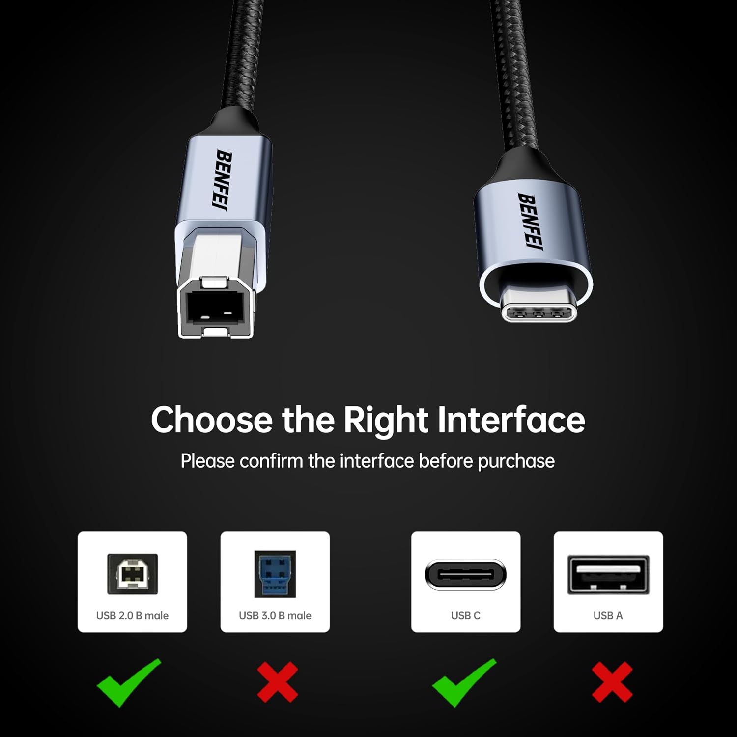 Detalle 2 de BENFEI USB B to USB C Printer Cable 2M – Nylon Braided, Premium Aluminium Case