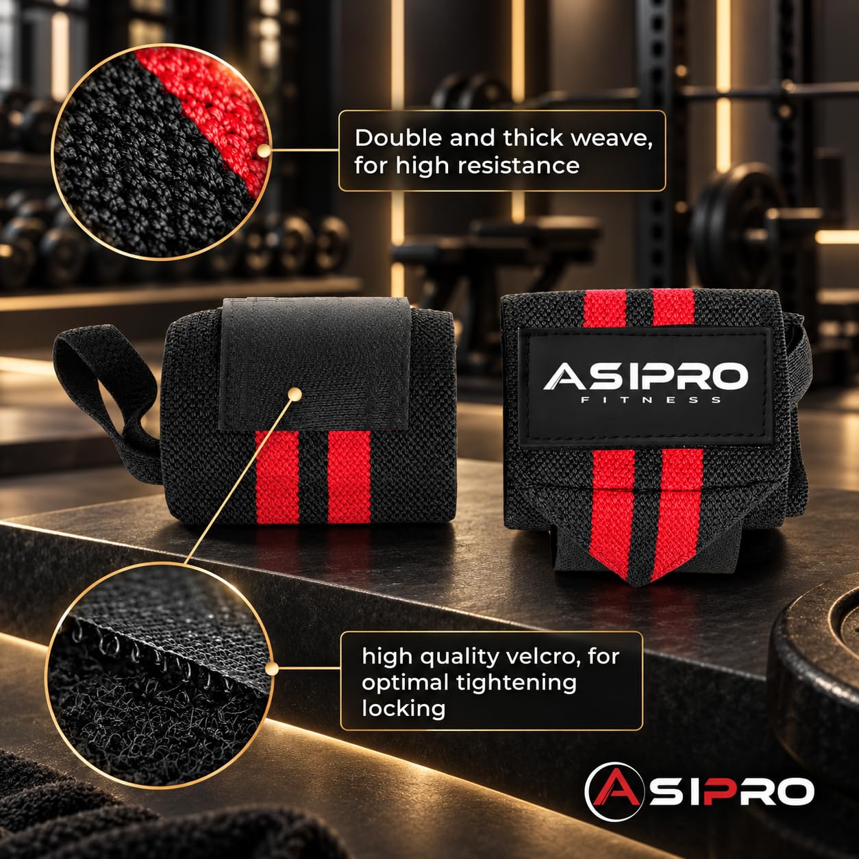 Detalle 2 de ASIPRO Rouge et Noir Wrist Wraps, Cotton-Polyester Support in Red & Black