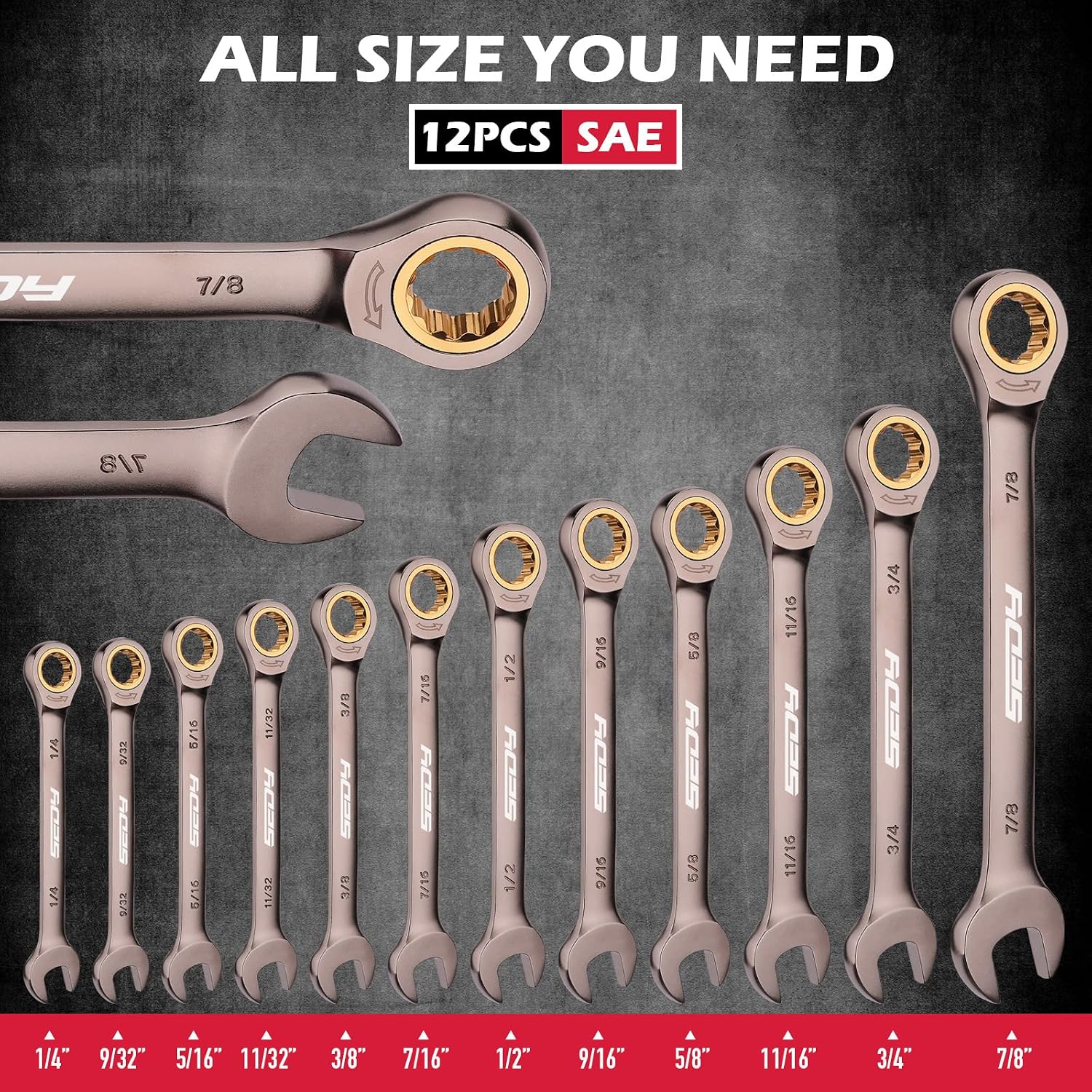 Detalle de SEDY 12-Piece SAE Ratcheting Wrench Set, 72-Tooth Cr-V Steel, 1/4–7/8 in.