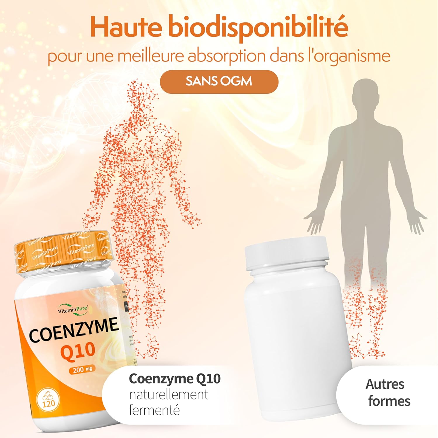 Detalle de Coenzyme Q10 200 mg par gélule – VitaminPure, 120 gélules (4 mois) végétales, Q10 fermenté pour meilleure biodisponibilité