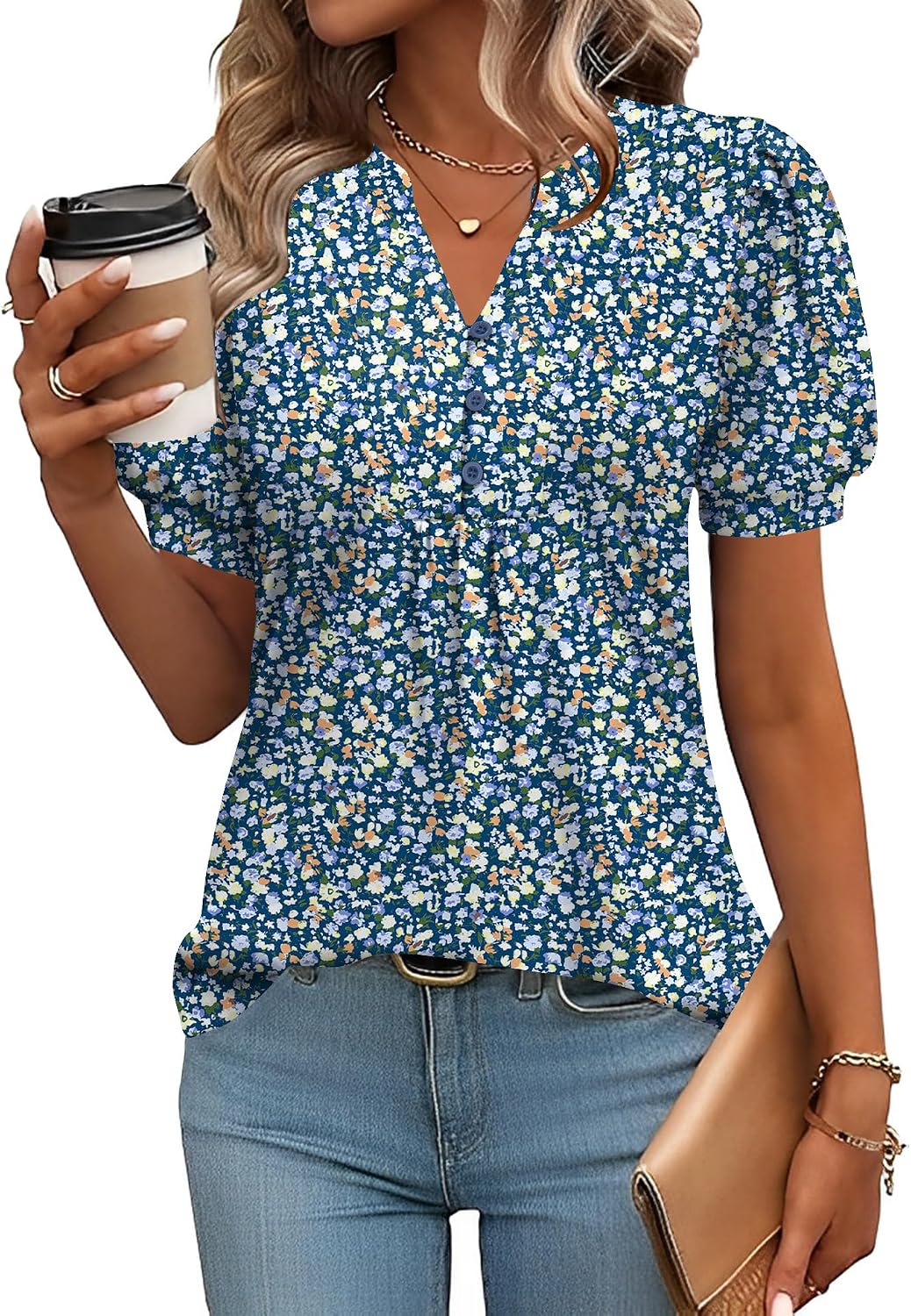 Detalle de Rapbin Bluse Damen: V-Ausschnitt, Knopfleiste und plissierter Saum – elegante Tunika/Top für Sommer