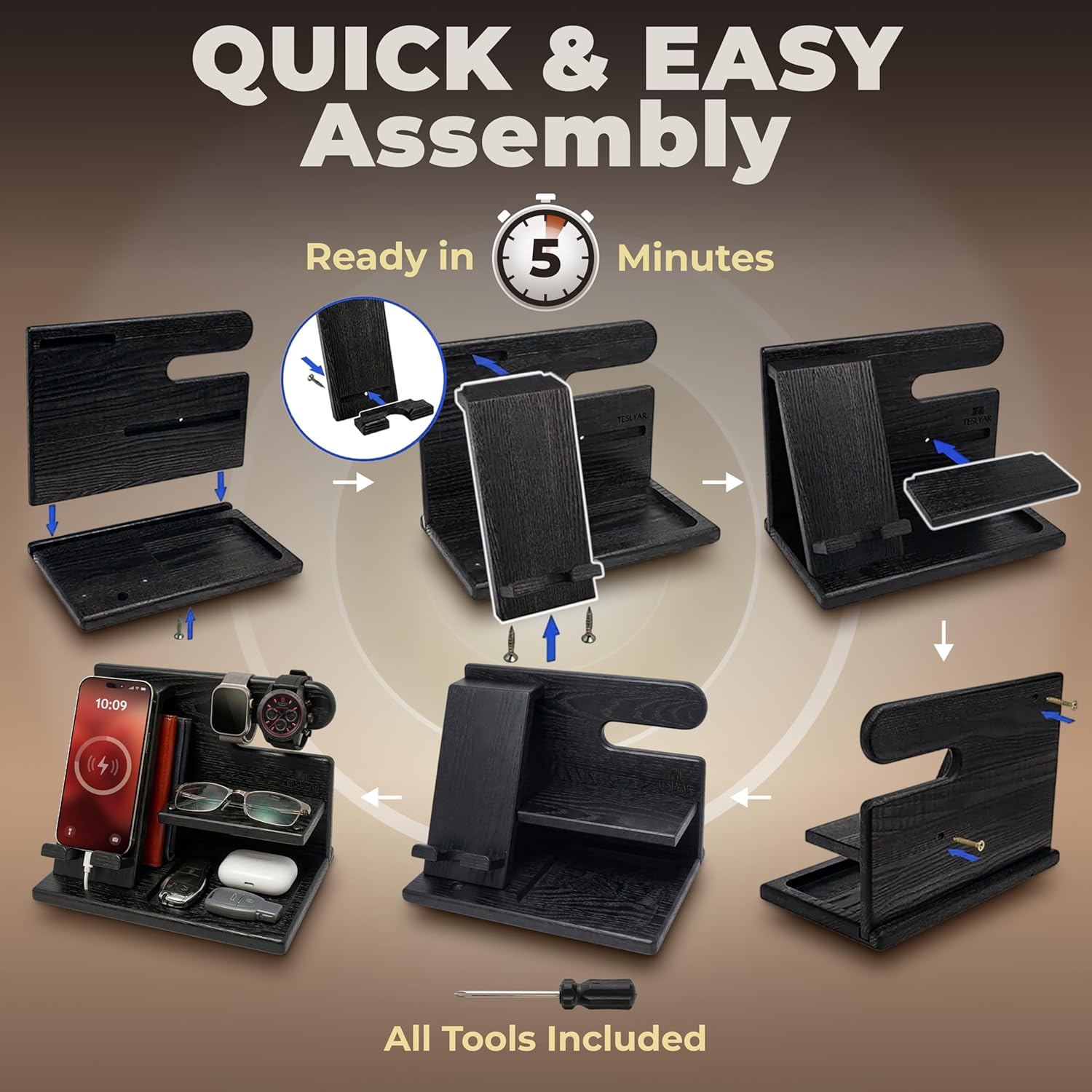 Thumbnail 5 de TESLYAR Wood Phone Docking Station – Nightstand & Desk Organizer (Black)