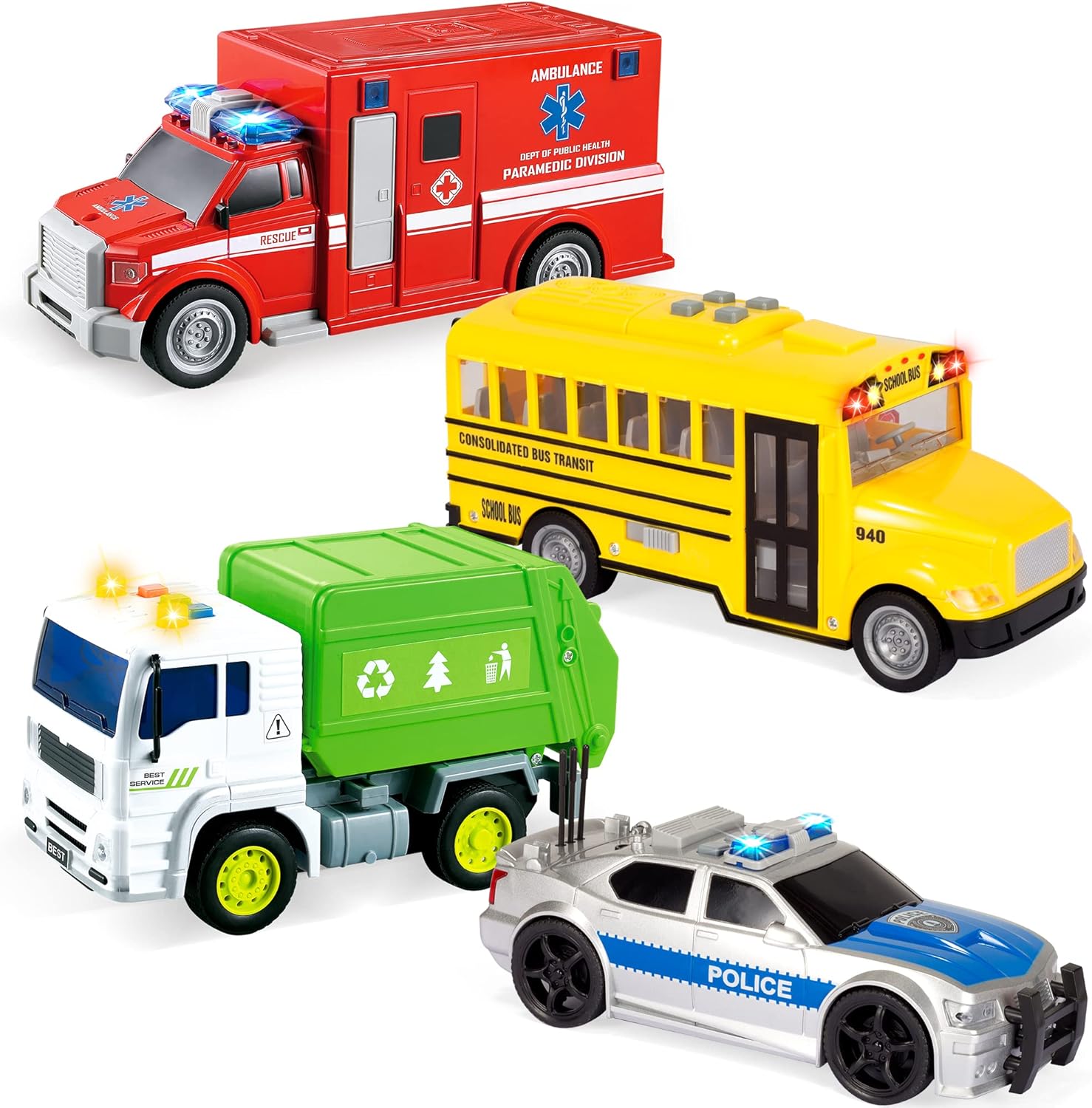 JOYIN 4-Piece 7-Inch Vehicle Toy Set (Police Car, School Bus, Garbage Truck, Ambulance) With Lights & Siren Sounds