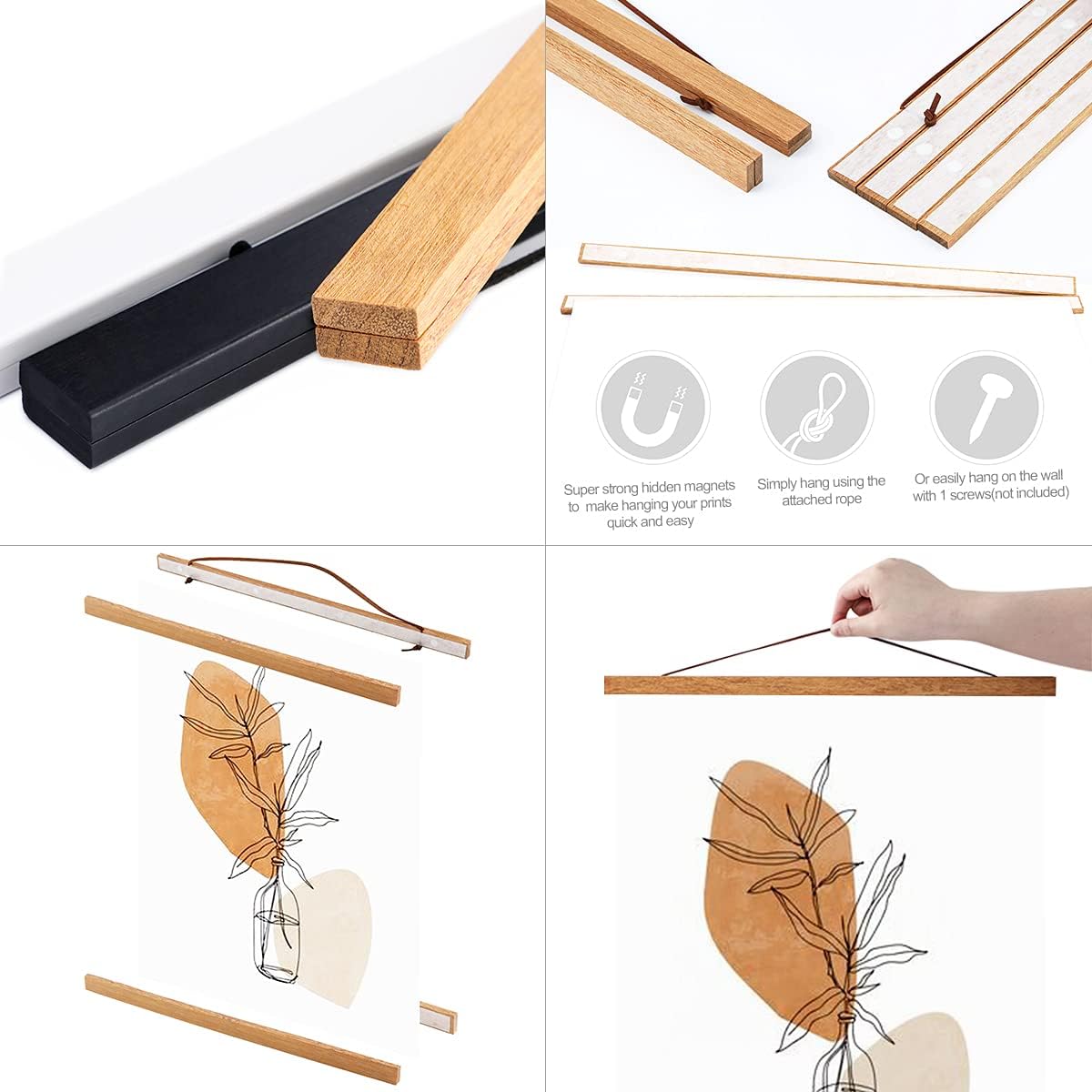 Thumbnail 1 de Sanauto 4 Pack A2 Poster Frame Hangers 42cm — Magnetic Wooden Poster Hanger Rails for 42x59, 42x30, 40x60 Landscape (Teak)