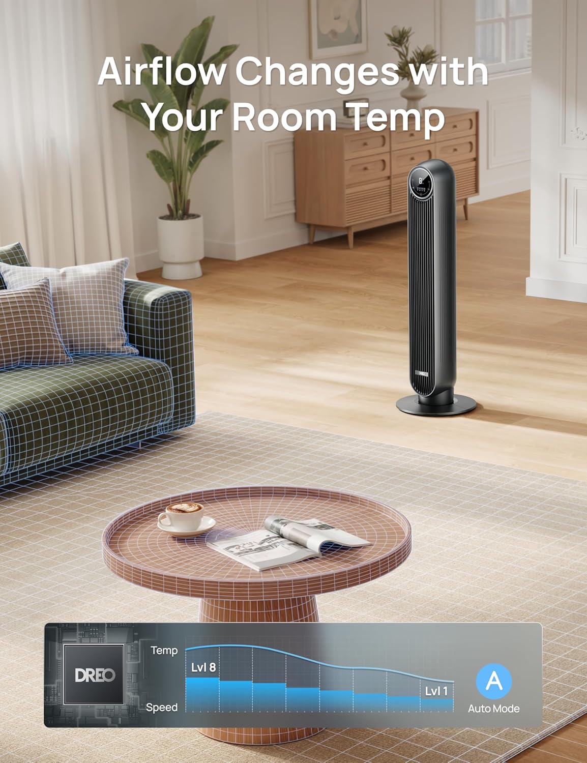 Detalle de DREO 20dB Smart Silent Tower Fan with Remote and App Control