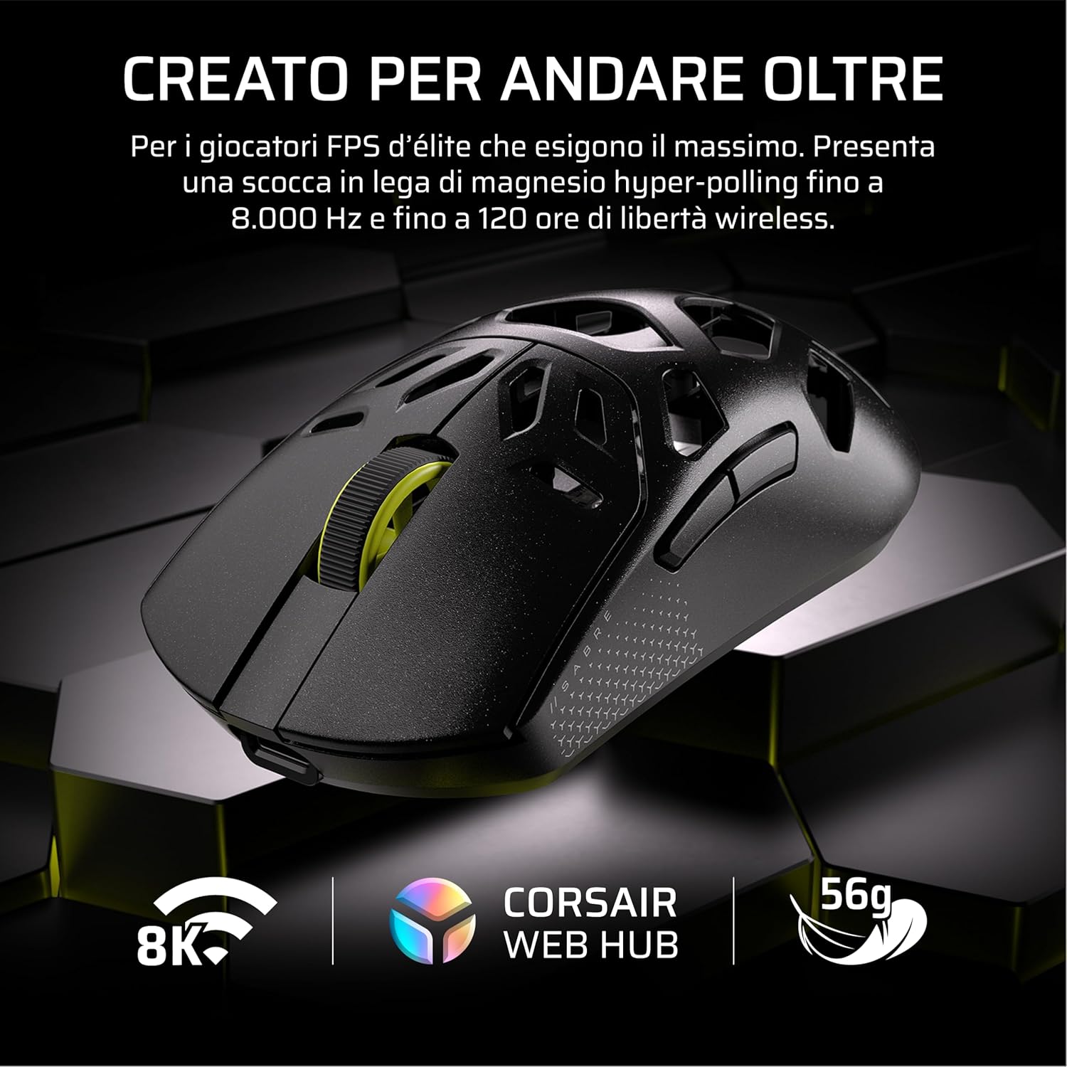 Thumbnail 1 de Corsair SABRE v2 PRO MG FPS Wireless con sensore MARKSMAN S fino a 33.000 DPI e polling Hyper-Polling 8.000 Hz – Nero