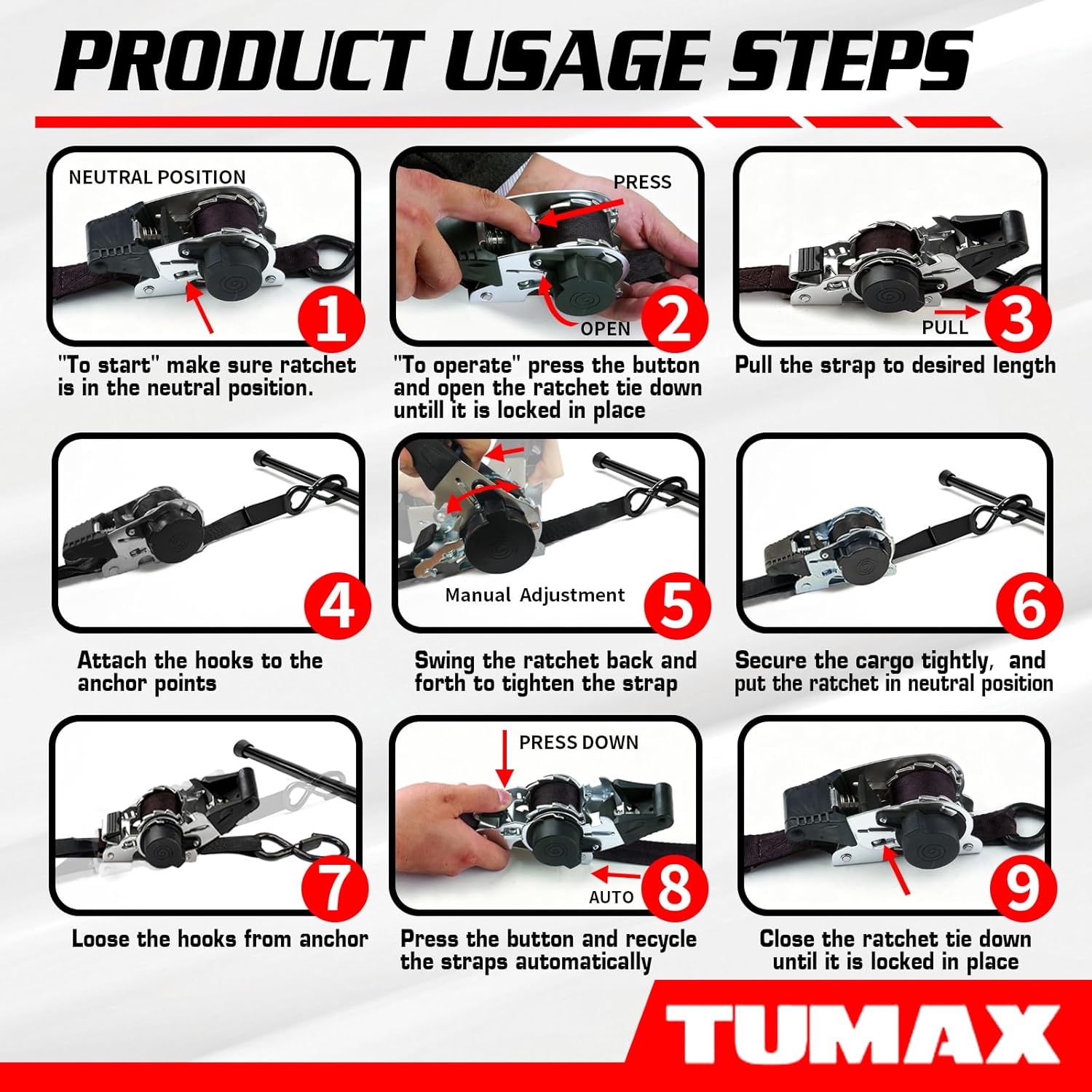 Thumbnail 6 de TUMAX Retractable Ratchet Straps (2-Pack) with S-Hooks