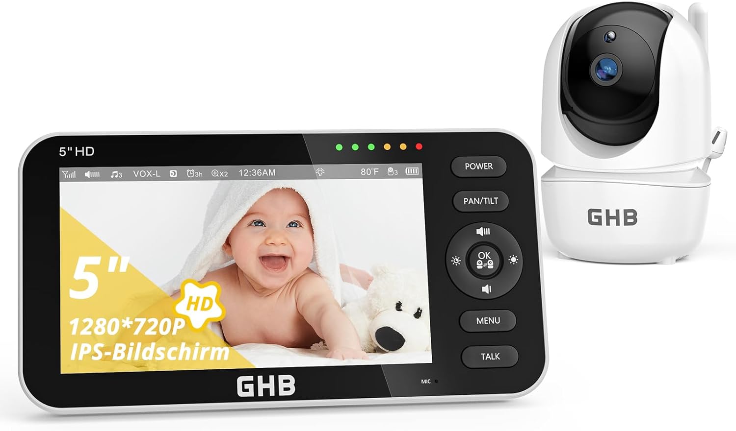 Detalle de GHB Babyphone mit Kamera 5 Zoll – 720P HD Display, VOX Schlafmodus und 168 Stunden Akkulaufzeit