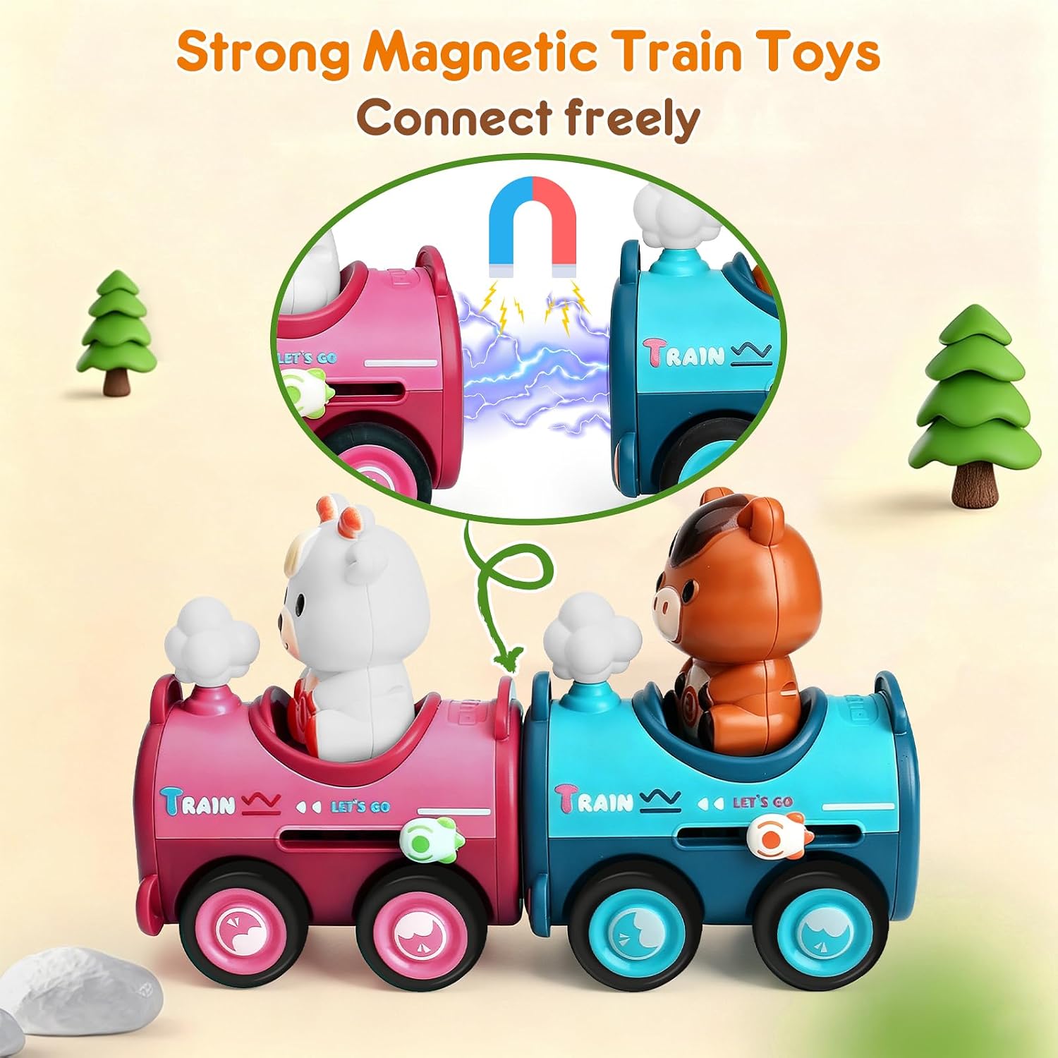 Detalle de MOONTOY Magnetic Press-to-Go Animal Cars, 4-Piece Set with Finger Puppets