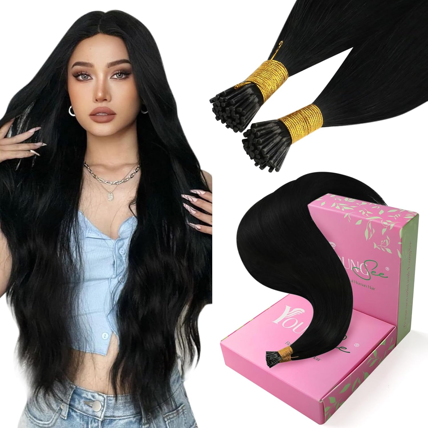 Detalle de YoungSee PR-COM-RT-X839562 I-Tip Human Hair Extensions, 20-Inch Jet Black