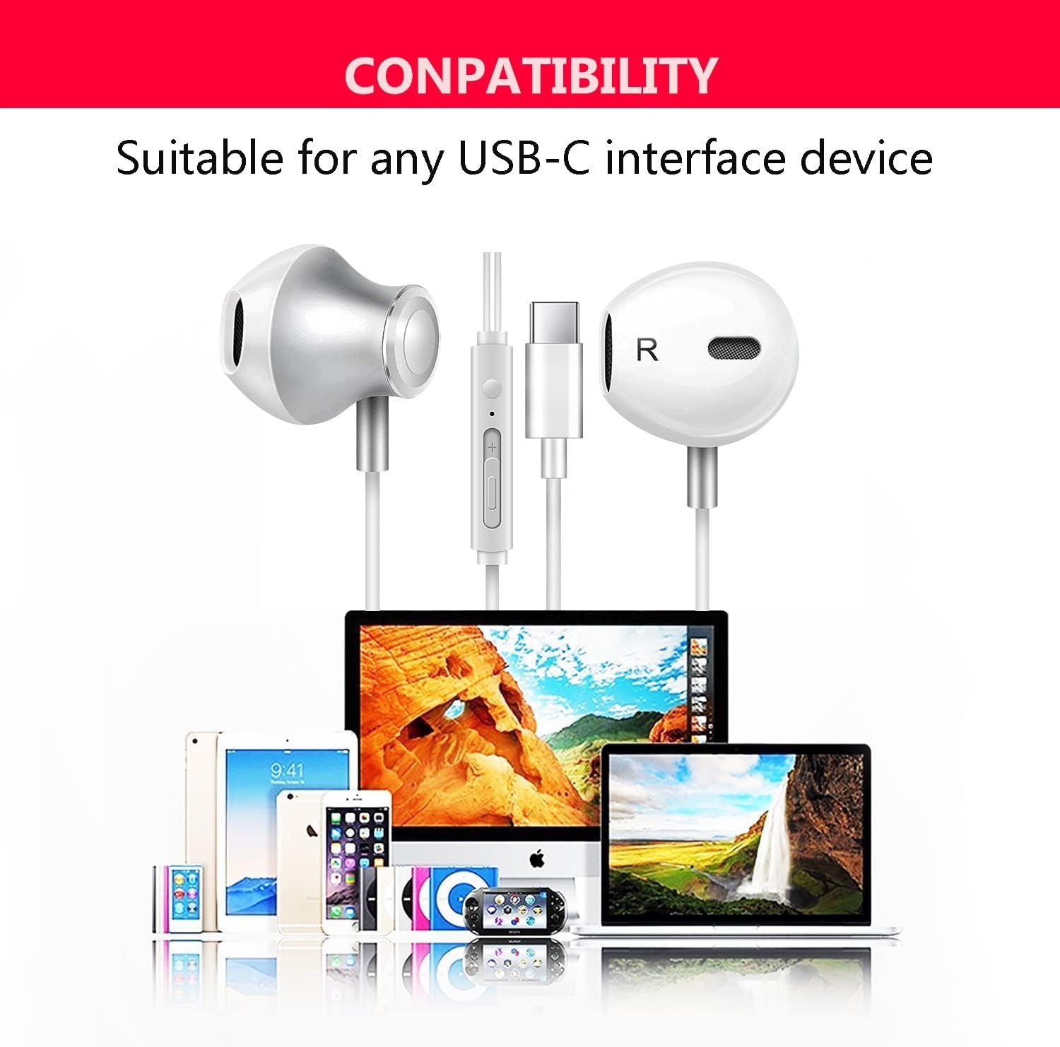 Thumbnail 5 de GAMURRY Cuffie USB-C stereo con microfono e controllo volume (cavo Type-C) per Samsung S21/S22/S23 Ultra, bianco
