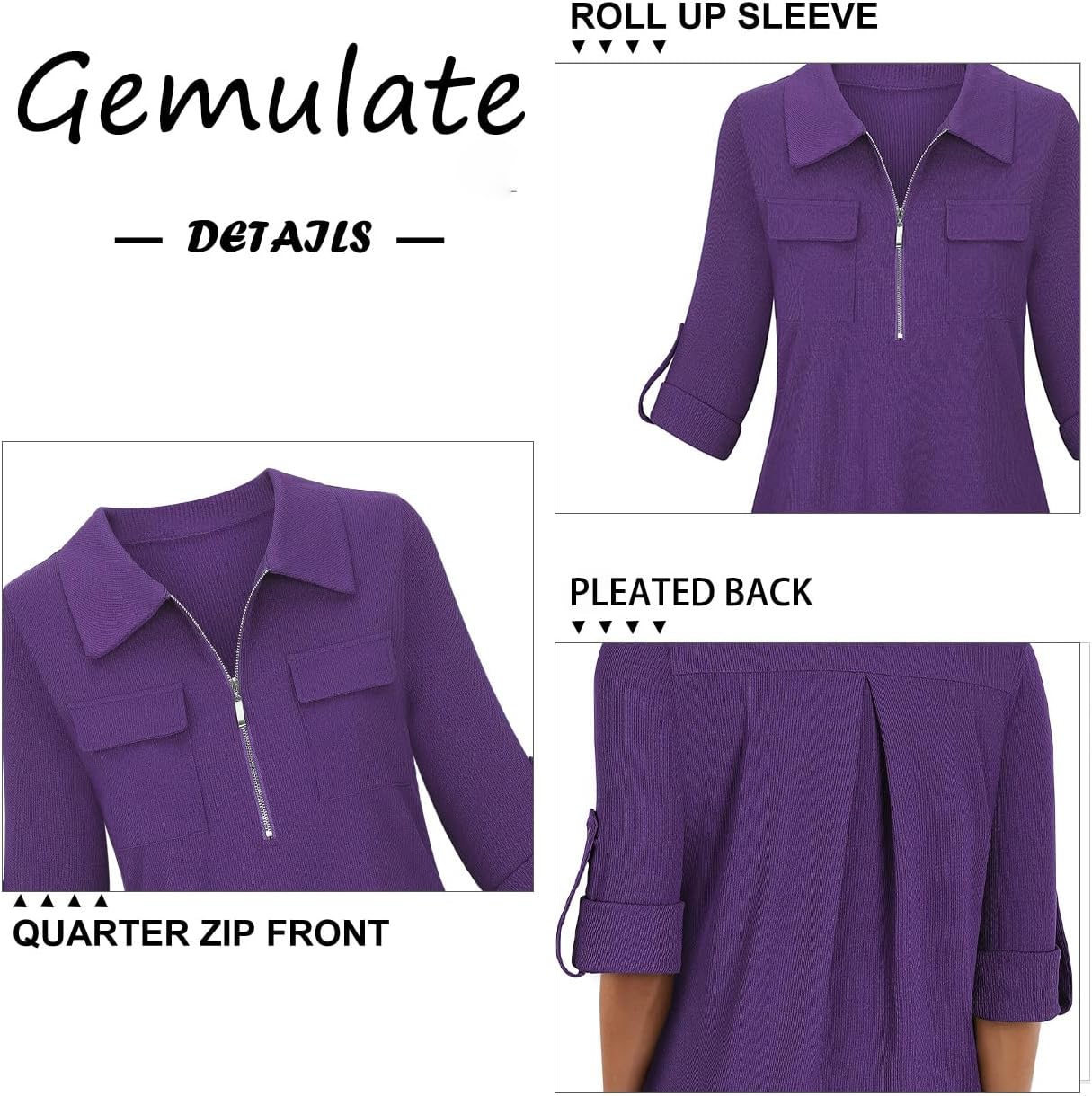 Detalle de Gemulate women’s 3/4 sleeve polo top with floral print and zip V-neck