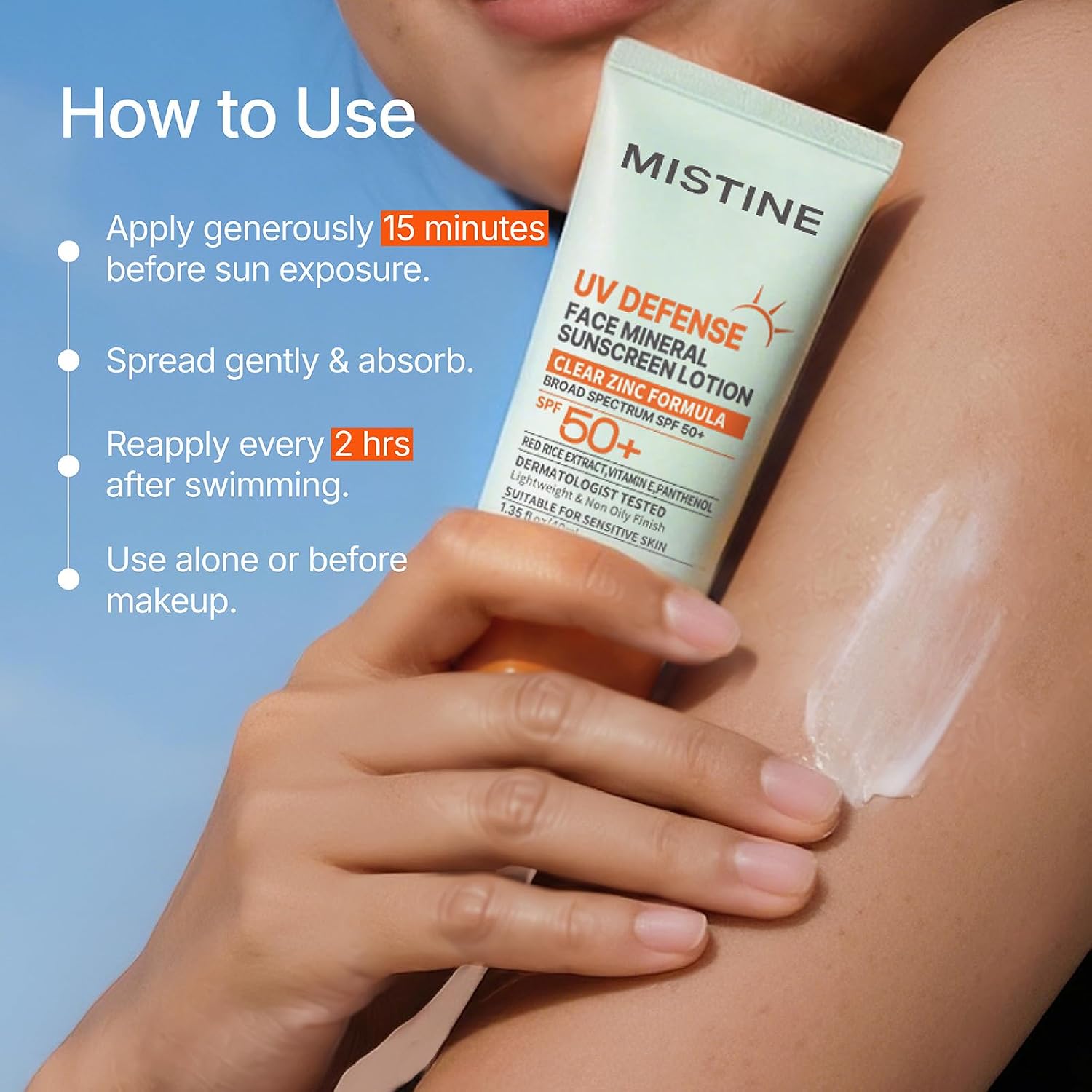 Detalle de MISTINE Mineral Sunscreen Lotion SPF 50+ with No White Cast — Lightweight, Reef-Safe Zinc Oxide