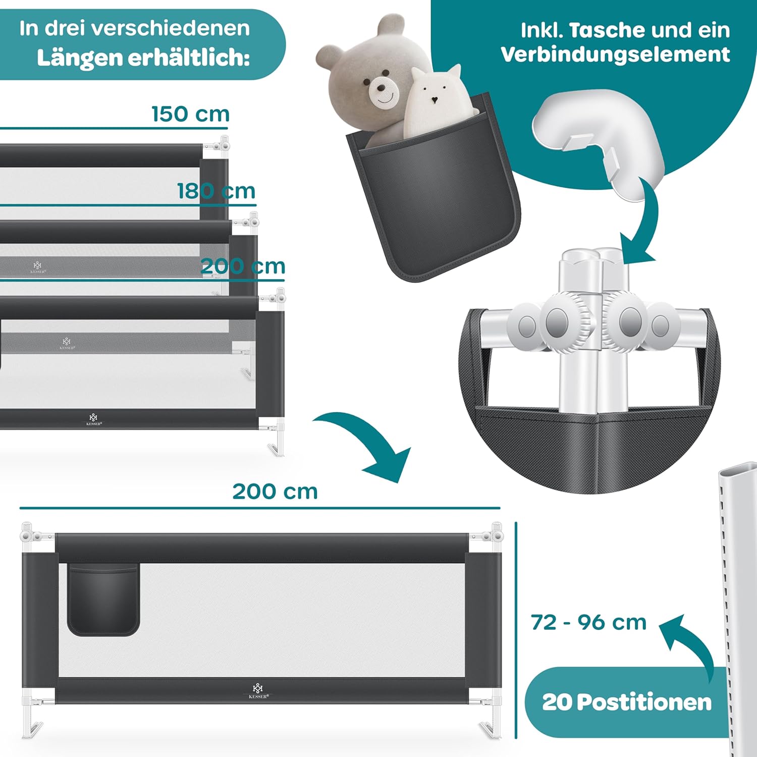 Thumbnail 6 de KESSER® Bettschutzgitter 200 cm – klapp- & höhenverstellbares Kinderbett Schutzgitter mit Mesh Netz, Dunkelgrau