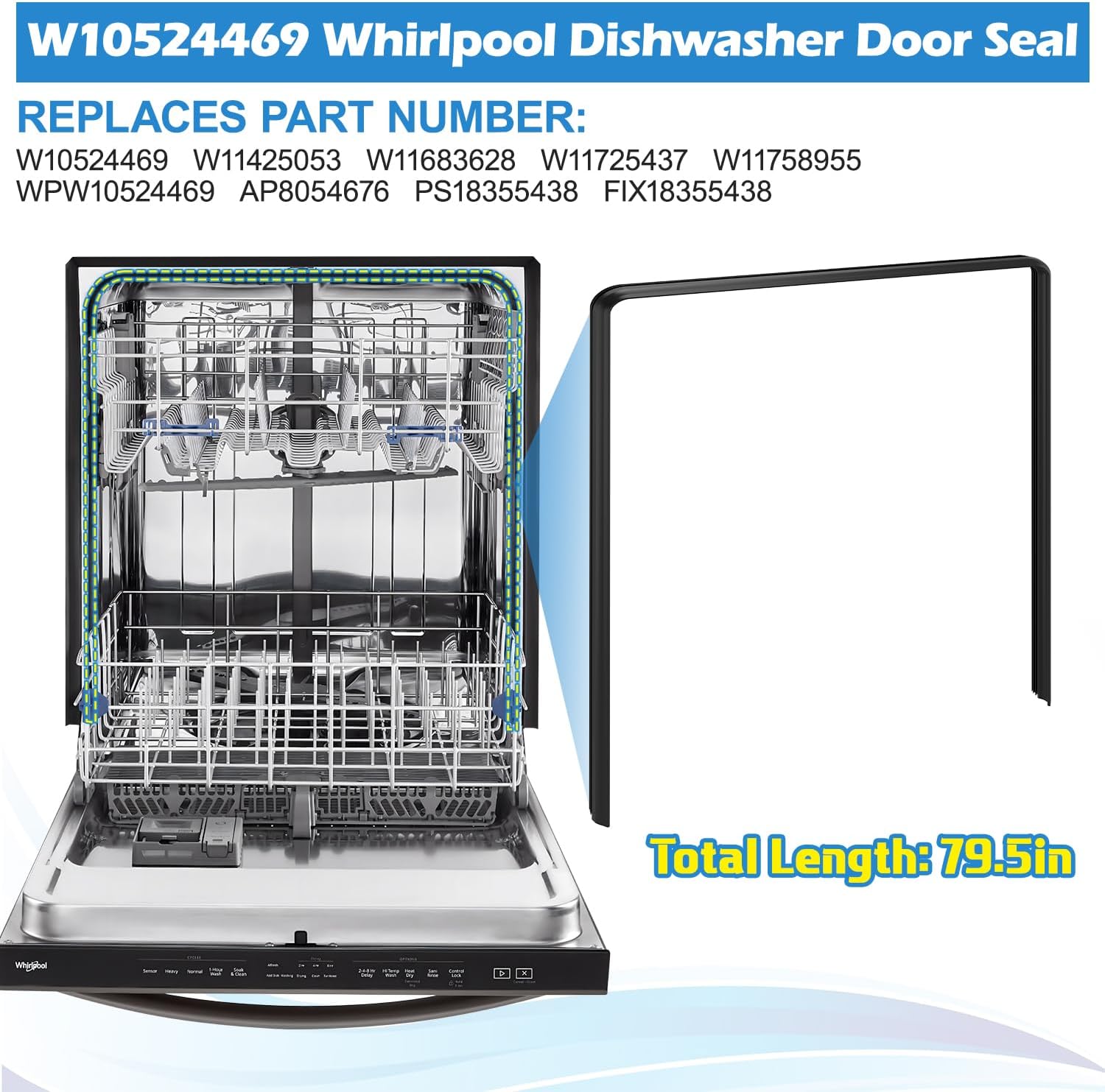 Detalle 2 de YEECHUN W10524469 Dishwasher Door Seal Gasket, 79.5-Inch Replacement