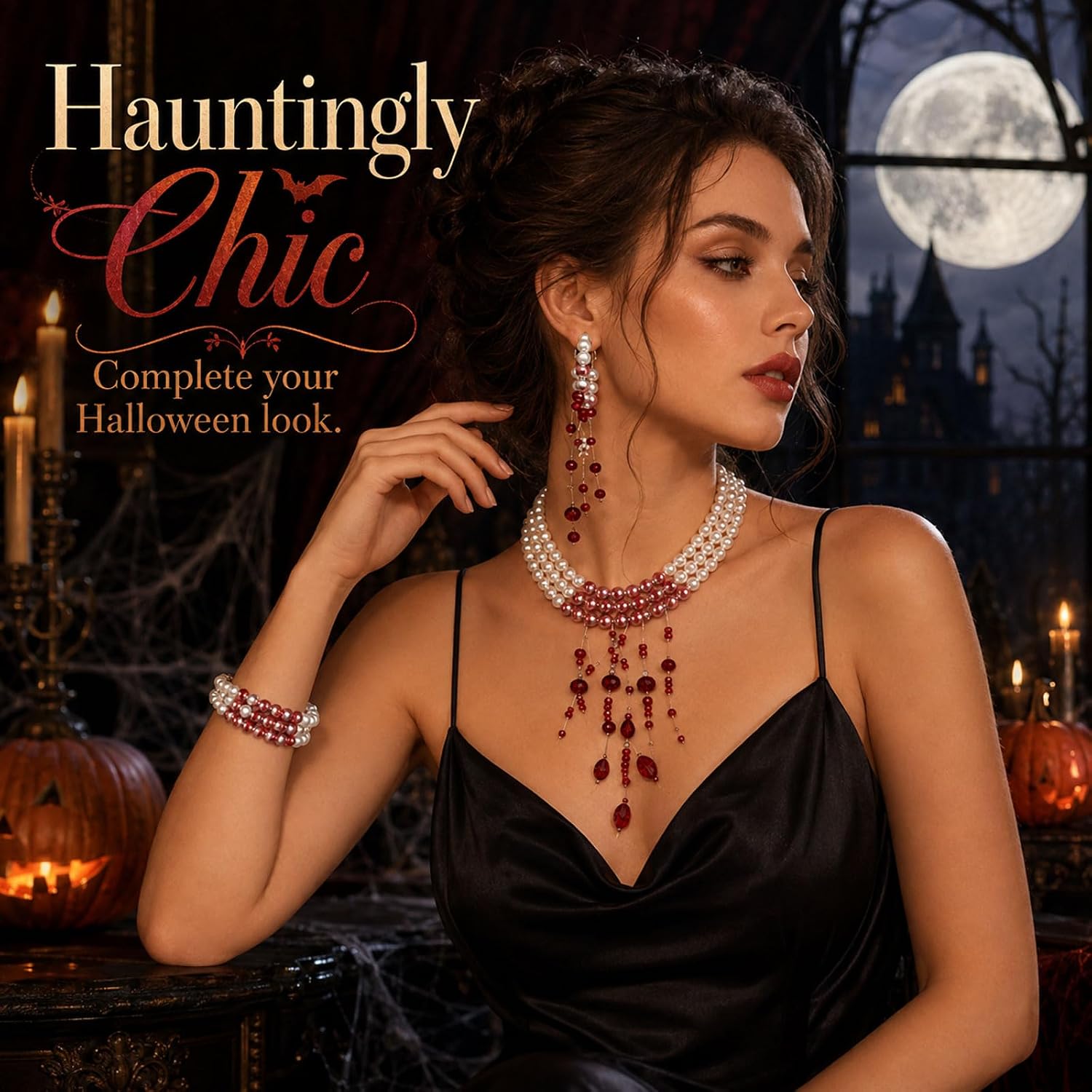 Detalle de Cuxawamiyo collar gótico de perlas con pulsera, pendientes y gotas rojas