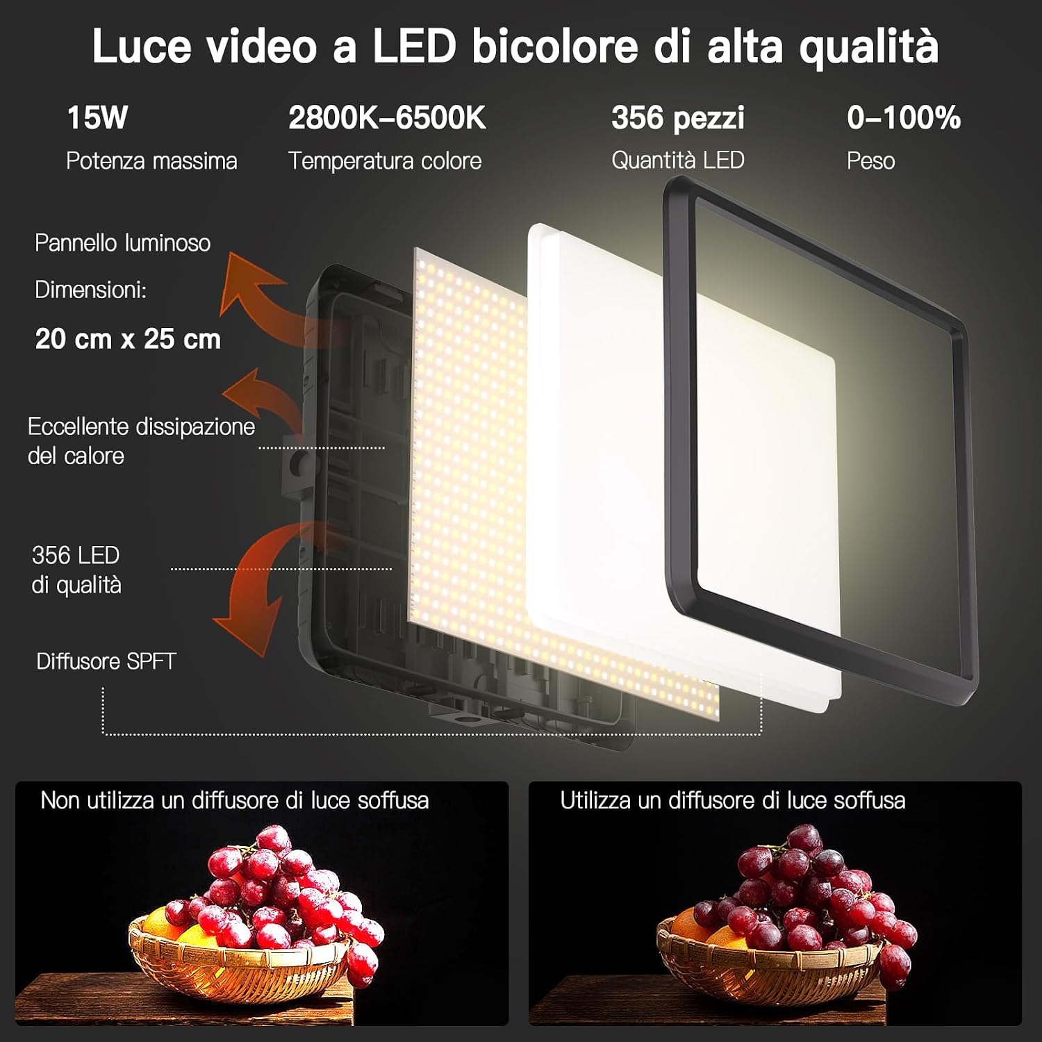 Thumbnail 3 de Kit di 2 Luci Video LED Dimmerabili 2800-6500K con Treppiede e Supporto Telefono – Luce da Studio 185,4 cm