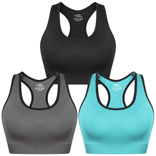 Detalle de Sykooria Brassière Sport Femme — Yoga, danse et sport avec coussinets amovibles (341-Noir+Gris+Bleu, S)