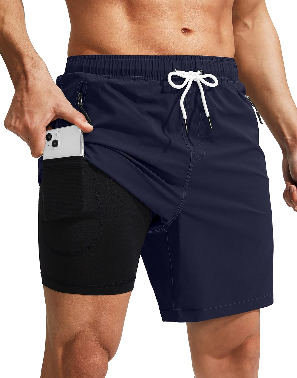Detalle de Viodia Men's Swim Trunks with Compression Liner: Quick-Dry Board Shorts with Zipper Pockets