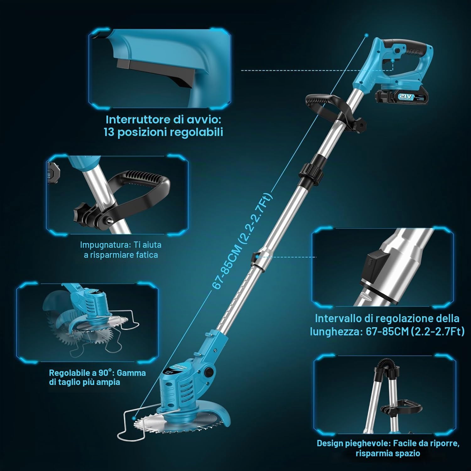 Detalle 2 de Decespugliatore a Batteria 21V 500W con Kit 2 Batterie e 4 Lame: pratico, versatile e pieghevole