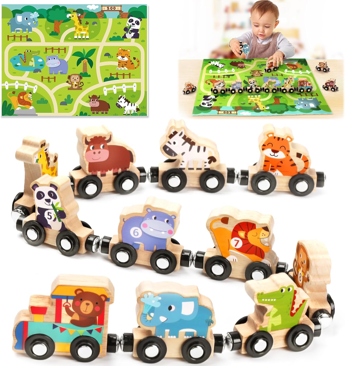 WhizWinks Jouet enfant 2 ans : train magnétique en bois sur tapis de jeu, ferme et animaux (1-2-3-4 ans)