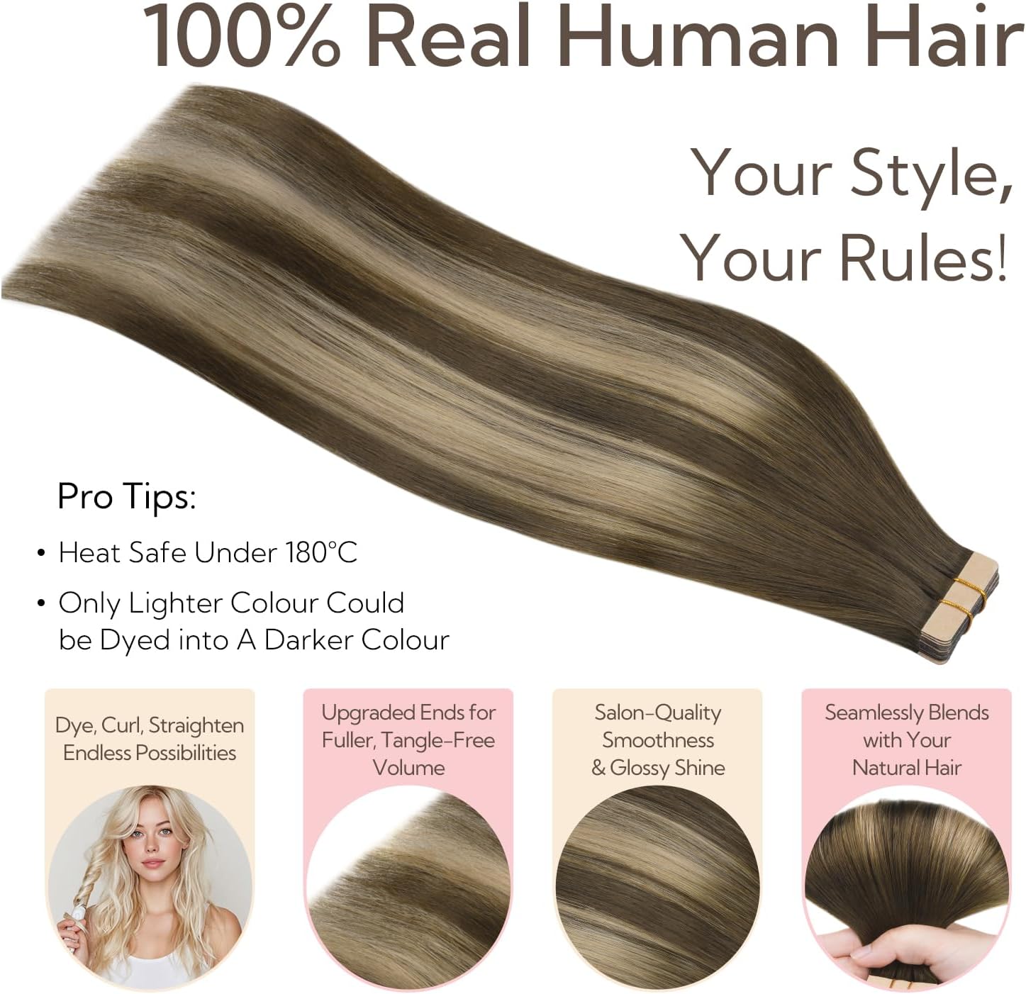 Detalle de HOTBANANA Extension Capelli Veri Biadesivo 50 cm – Balayage Marrone Cioccolato a Biondo Miele, Remy Tape in 20 pezzi