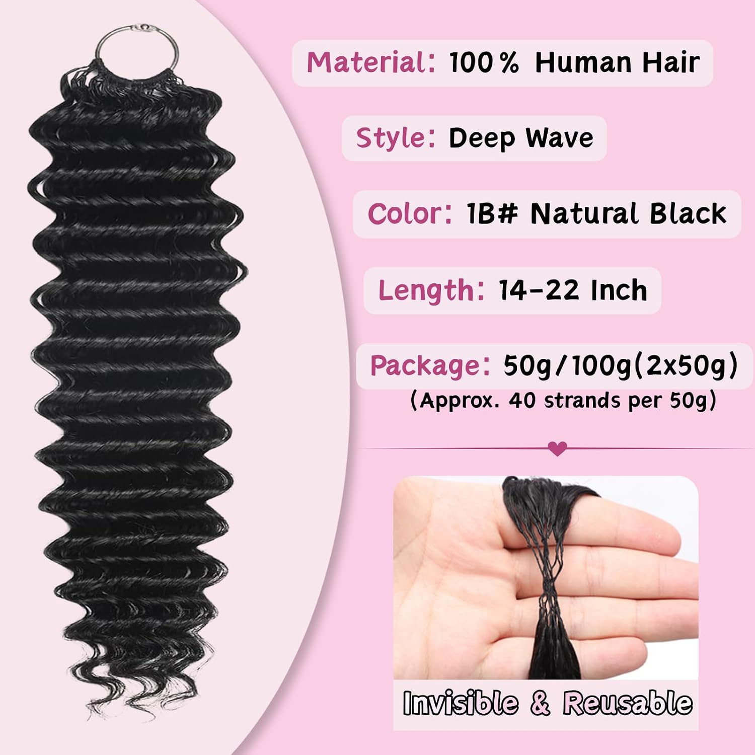 Thumbnail 1 de Human Crochet Hair Deep Wave 18 Inch Knotless 100g - 80 Strands, 100% Human Hair