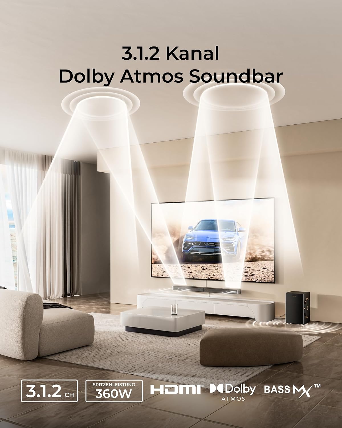 Detalle de ULTIMEA Soundbar 3.1.2 mit 6,5-Zoll-Subwoofer, HDMI eARC & Bluetooth 5.4 (Skywave F30 Boom) – Heimkino für TV