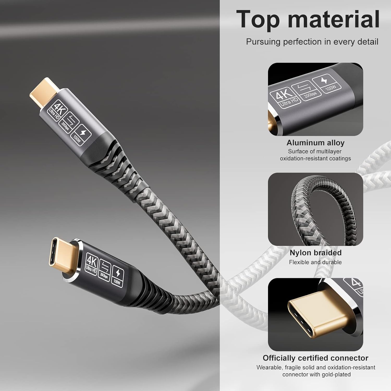 Detalle de CAKOBLE USB-C to USB-C 0.5m cable (USB 3.2 Gen 2, 20Gbps, 100W, 4K@60Hz support)