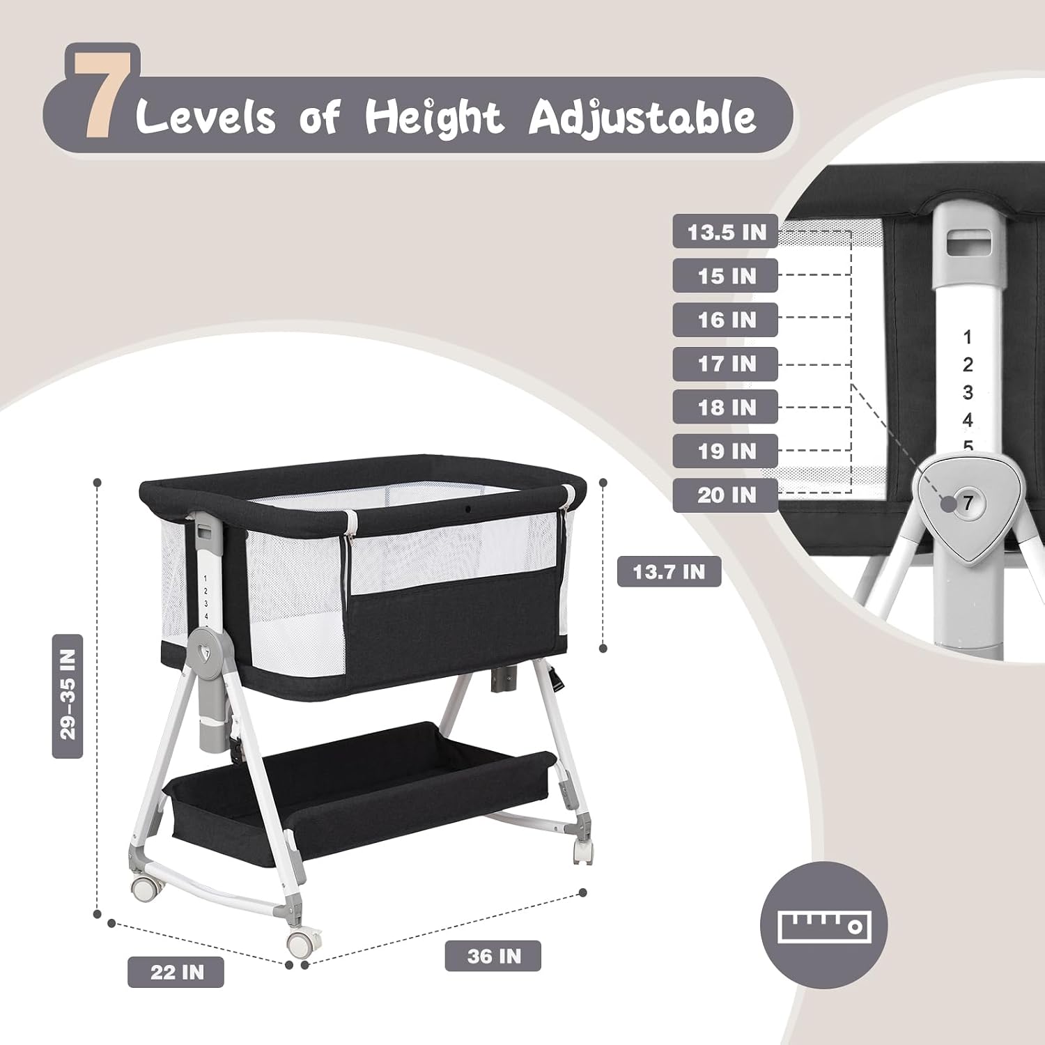 Detalle de Youluzhen YY002 3-in-1 Baby Bassinet with Adjustable Height and Mesh Sides