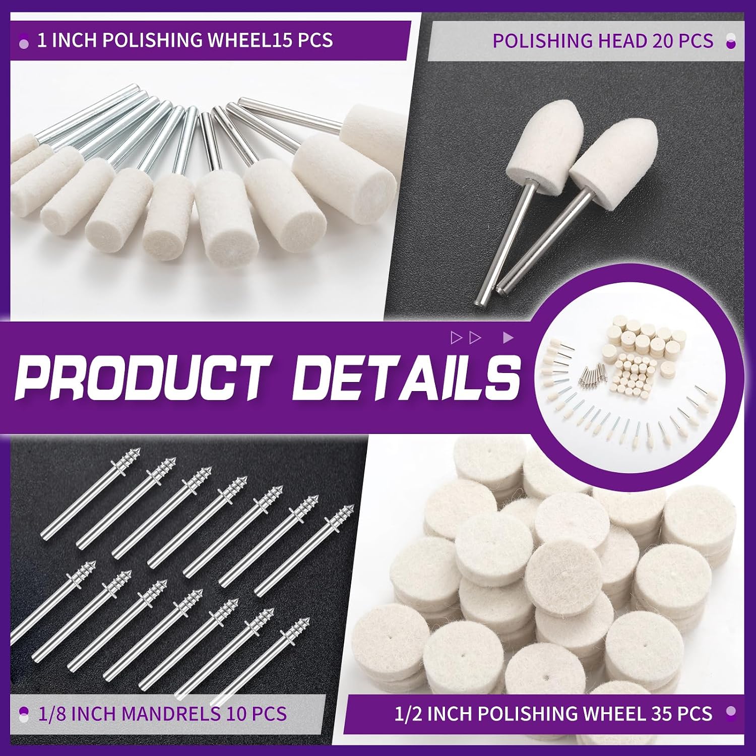 Detalle 2 de YURINWOO 82PCS polijstset met wolviltschijven, 3 mm schacht en polijstpasta