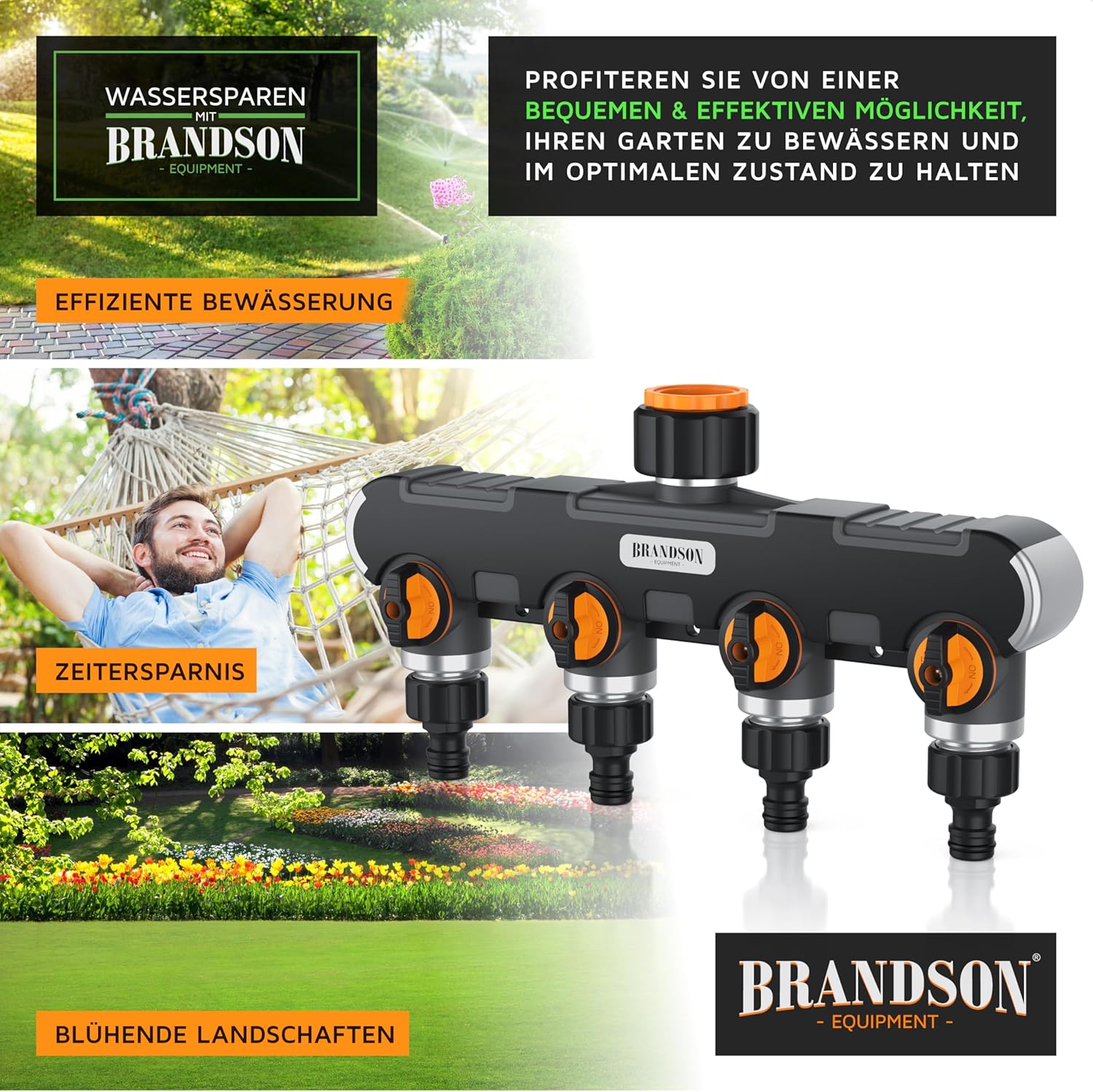 Thumbnail 4 de Brandson 4-Wege-Verteiler Gartenventil – 1 Eingang, 4 Ausgänge, stufenlos regelbar, robustes Metallgewinde