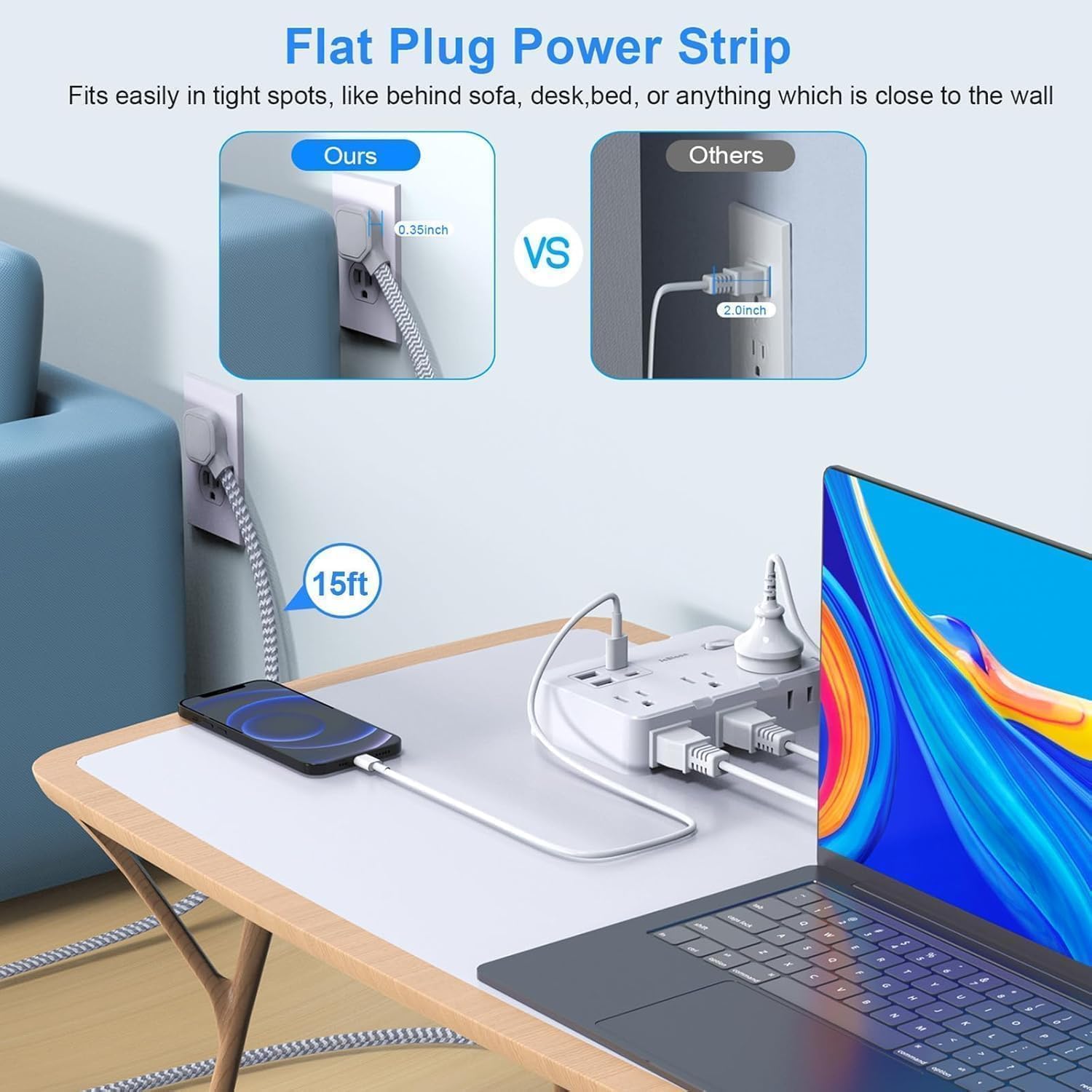 Detalle 2 de JcBlaon 15 ft Power Strip with 6 AC Outlets, 4 USB Ports and 1050 J Surge Protection