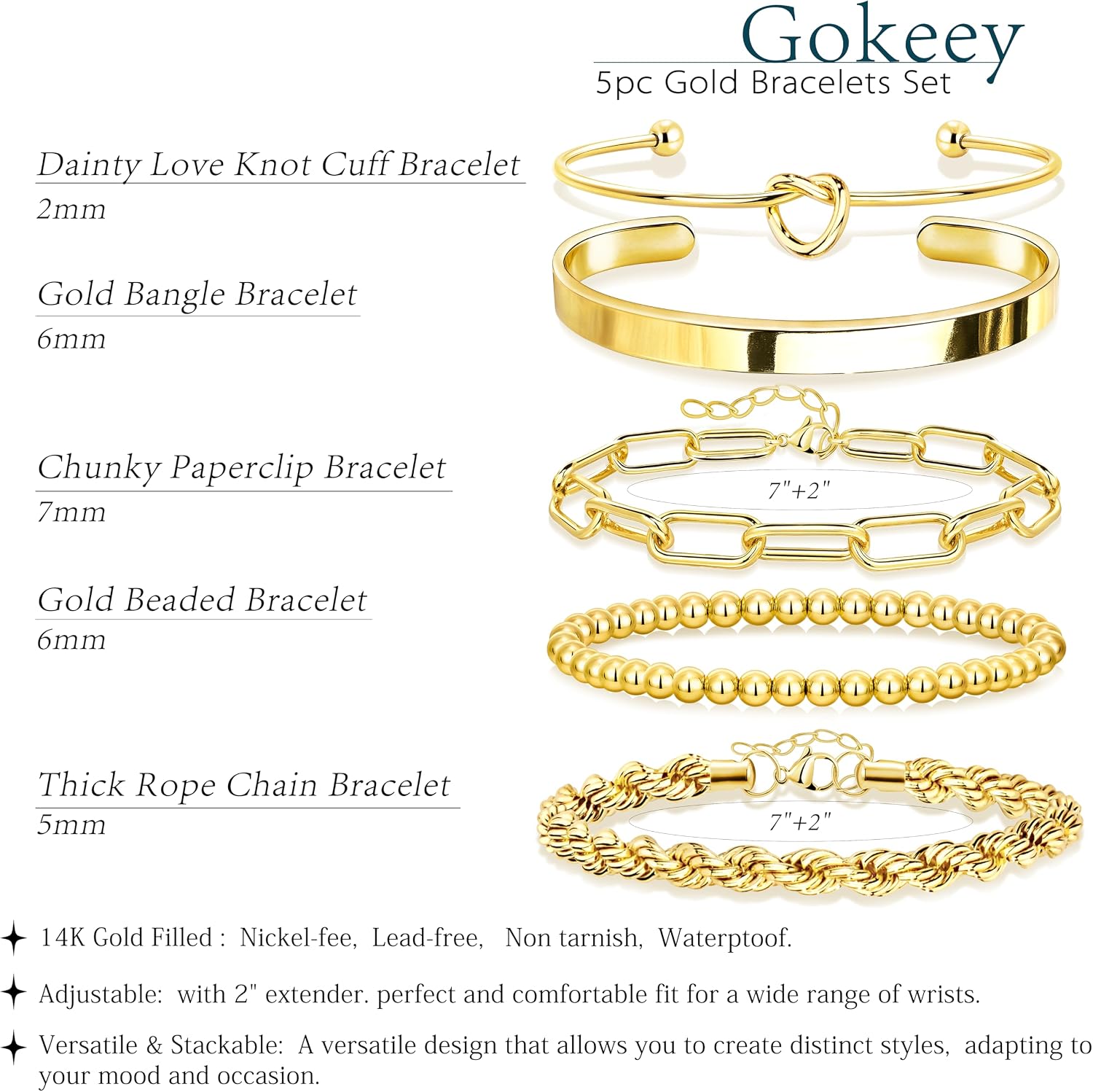 Detalle de Gokeey Gold Cuff Bracelets for Women – 14K Gold Plated, Stackable Beaded & Infinity Rope Jewelry Set