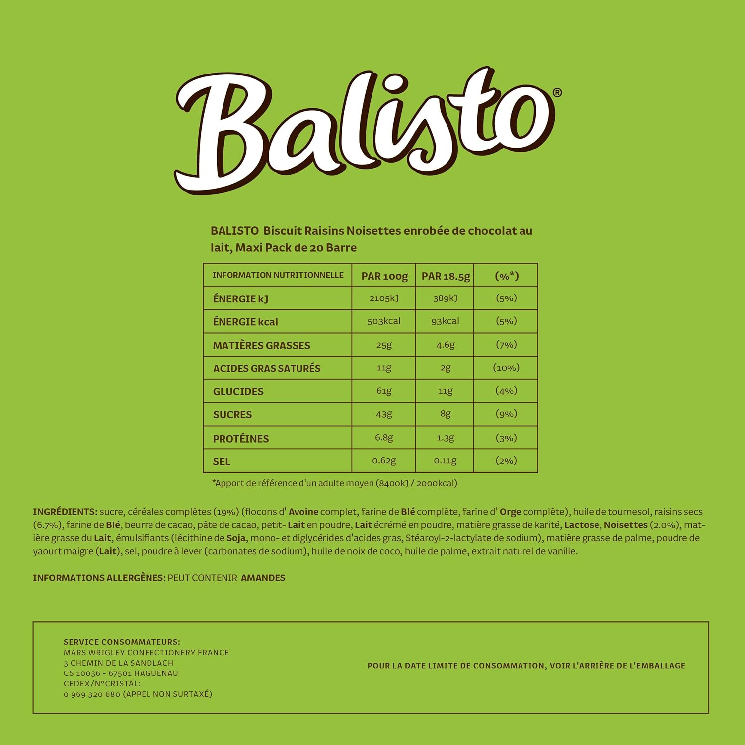 Detalle de BALISTO Barre Biscuit Céréales et Chocolat au Lait – Raisins Secs et Noisettes, Grand Format (740 g)