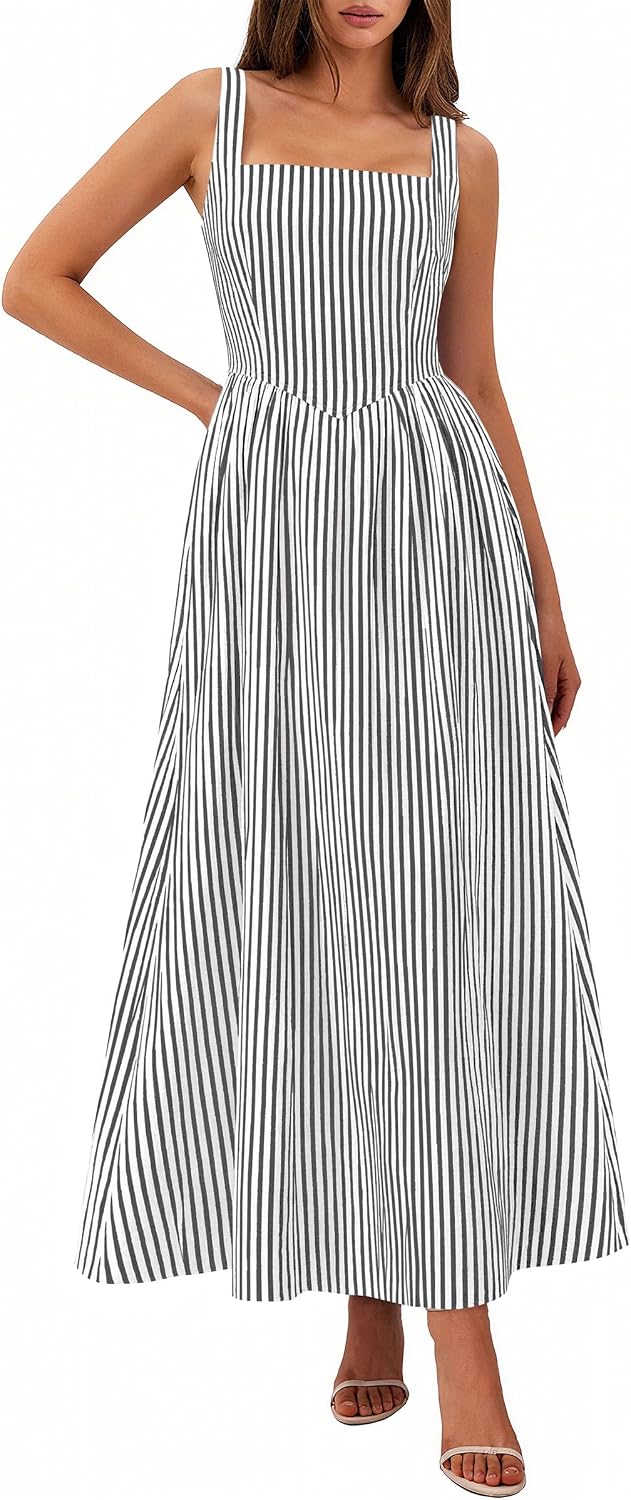 Thumbnail 6 de PRETTYGARDEN Women's Maxi Dress - Summer Striped Sundress, Sleeveless Square Neck, Smocked Back, Pockets