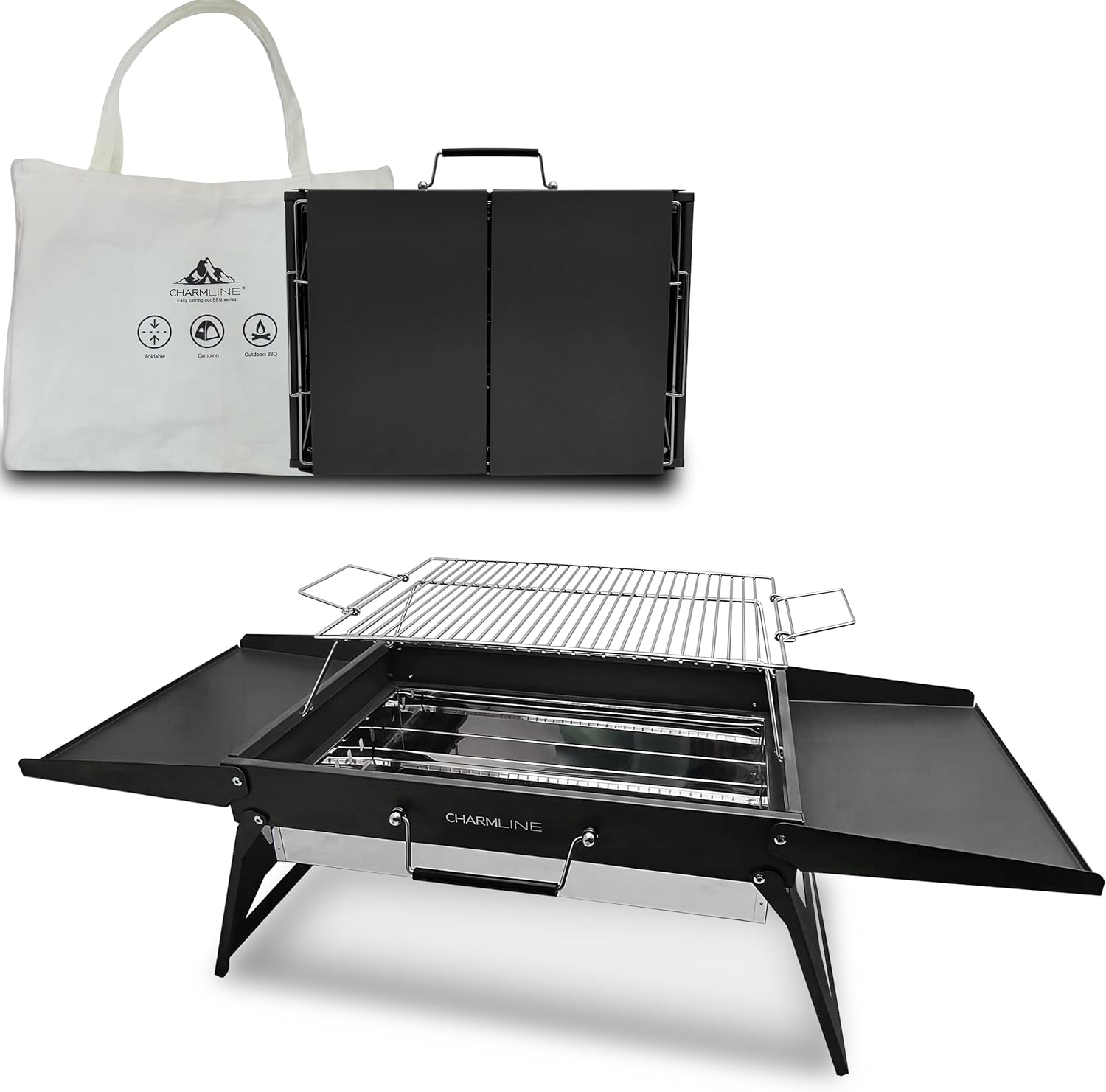 Detalle de Charmline Griglia a Carbone Portatile 47 x 34 cm: pieghevole e pronta all’uso per campeggio, picnic e feste