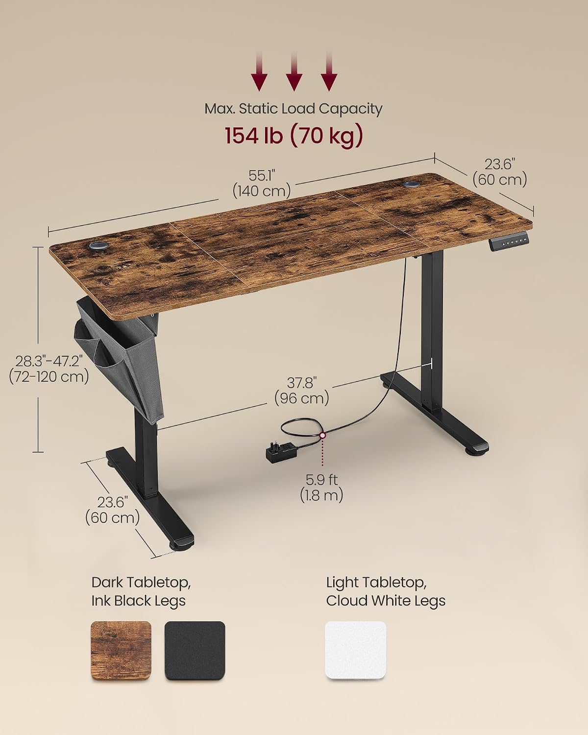 Detalle de VASAGLE Electric Standing Desk LSD134K02: 60 × 140 cm, 72–120 cm height, Rustic Brown & Ink Black