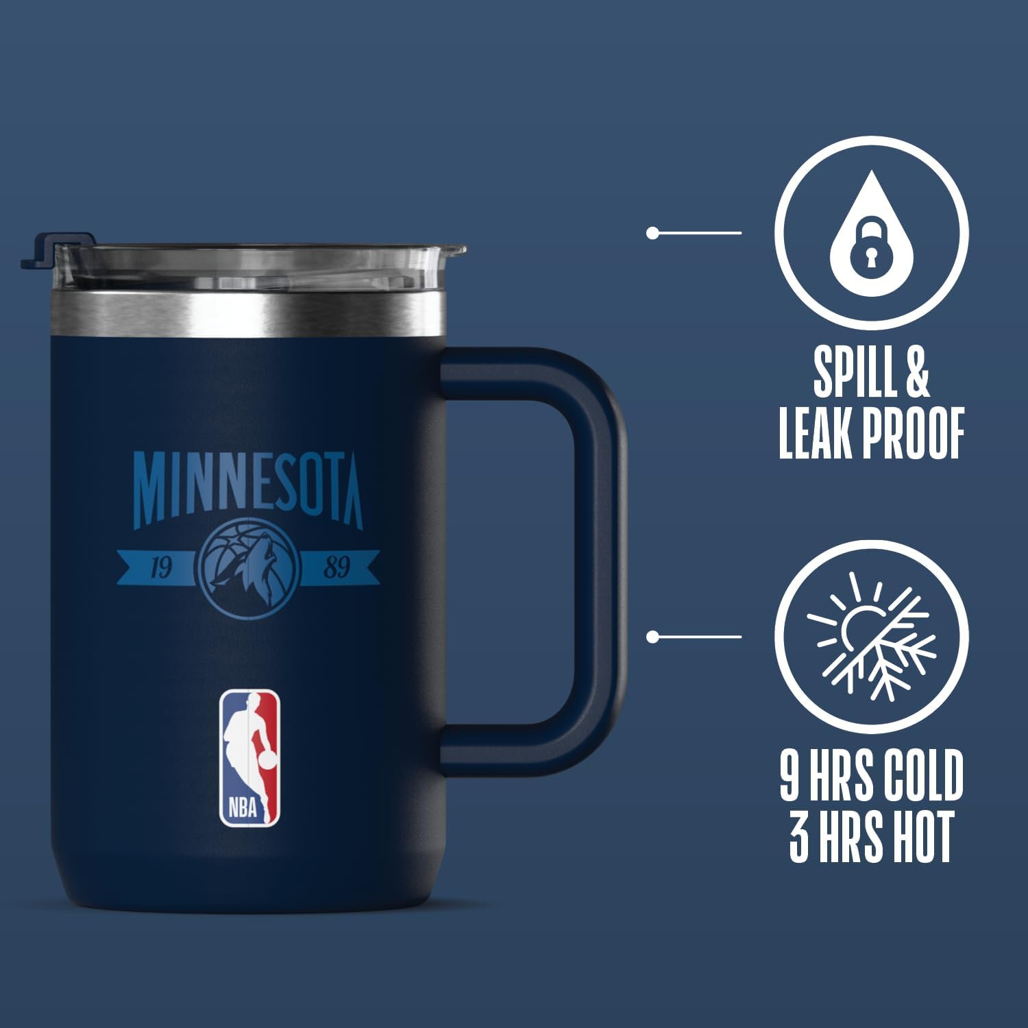 Detalle de Hydrapeak x Minnesota Timberwolves 18-oz Insulated Coffee Mug (NBA Licensed) with Flip Lid