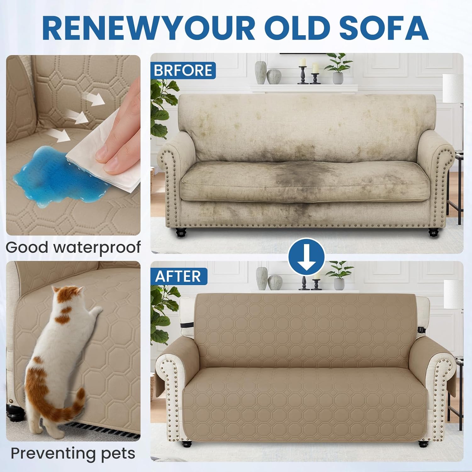 Thumbnail 4 de Ystyle Housse de canapé imperméable 2 places avec accoudoirs, kaki – protection antidérapante et poches latérales