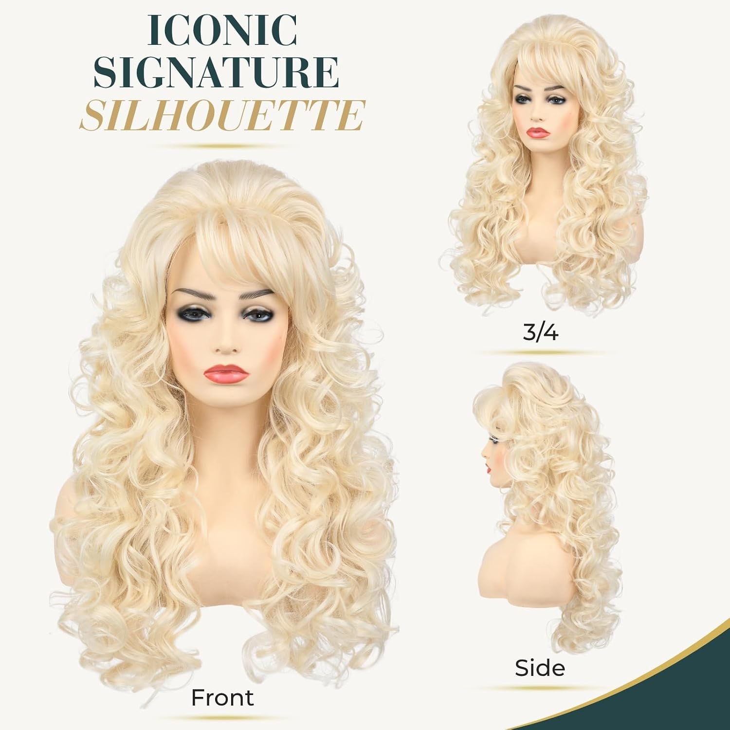 Detalle de Long Blonde Curly Wig with Bangs, 24-Inch Retro Country Diva Costume Wig
