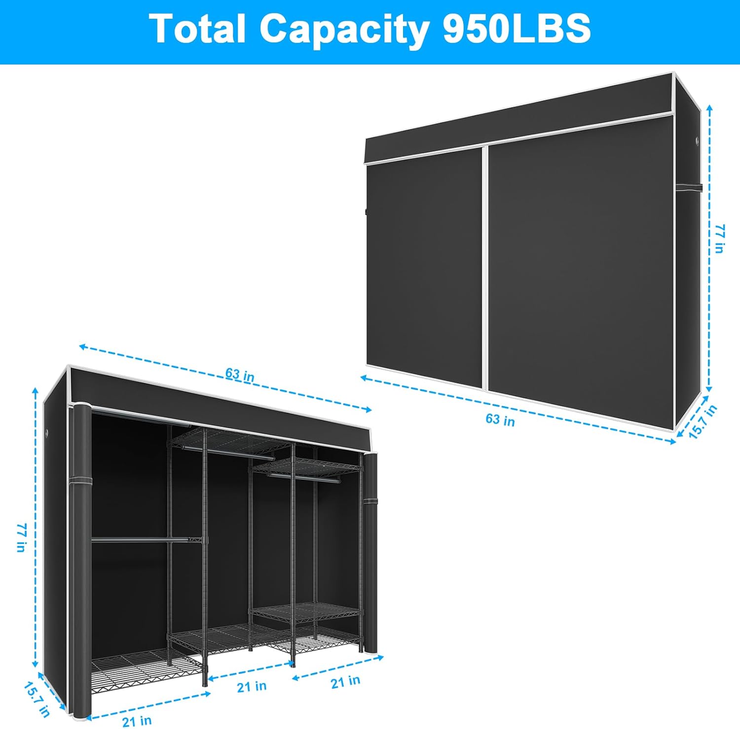 Detalle 2 de Ulif E13C Closet Organizer with 8 Shelves, 4 Hanging Rods and Dust Cover